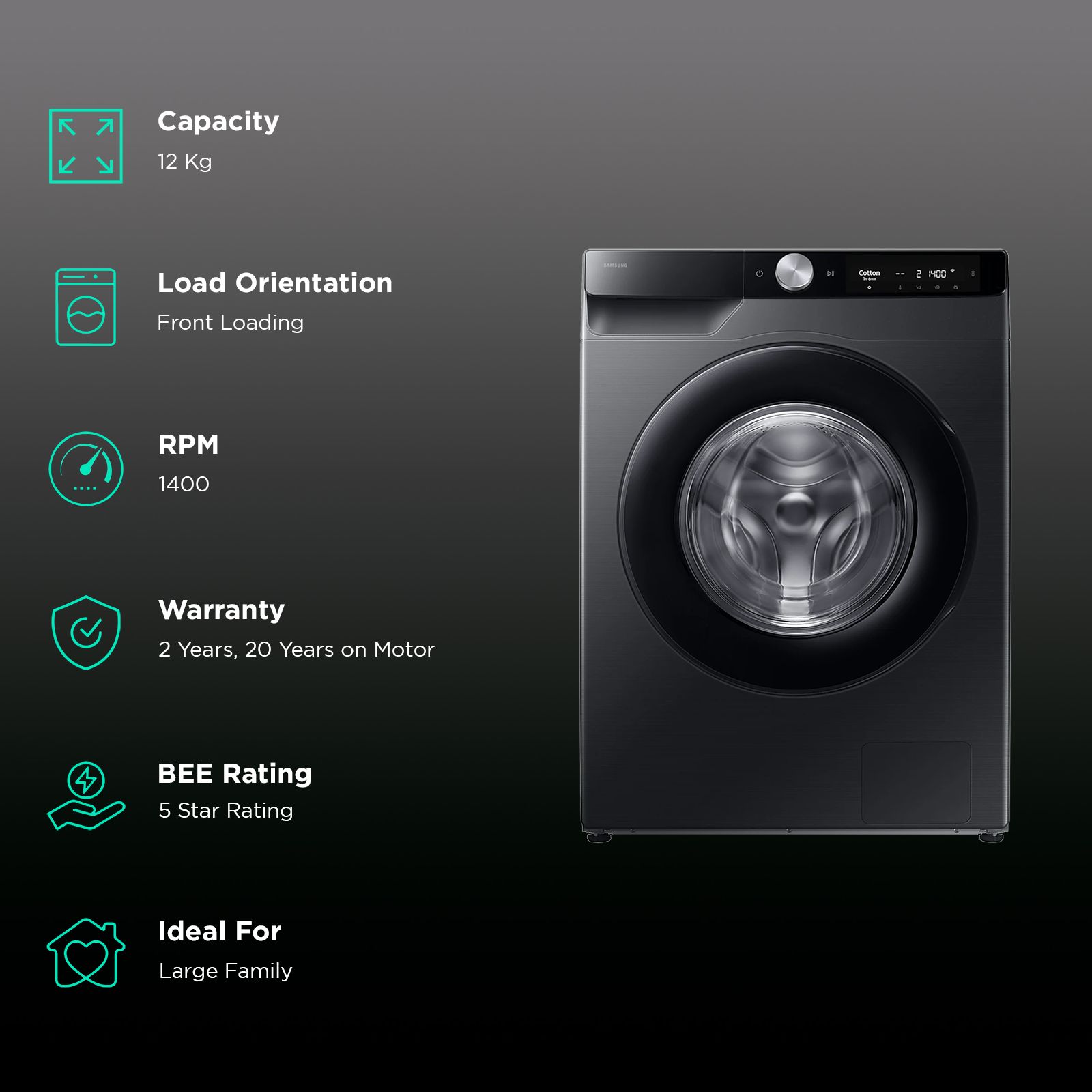 SAMSUNG 12 kg 5 Star Wi-Fi Inverter Fully Automatic Front Load Washing Machine (WW12DG6B24ABTL, AI Control, Black)_2