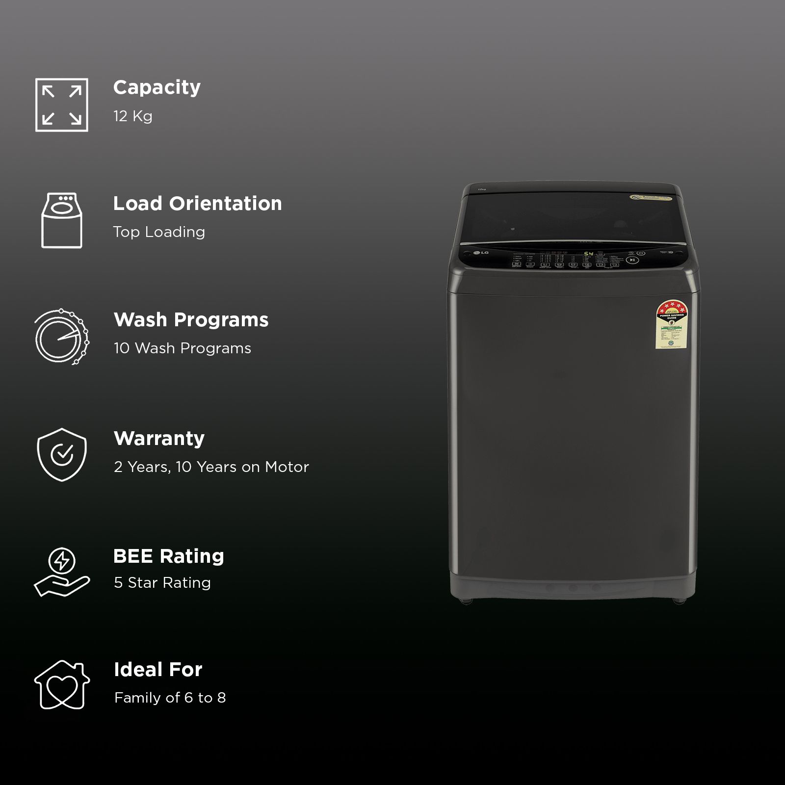 LG 12 kg 5 Star Inverter Fully Automatic Top Load Washing Machine (T12SJMB1Z, Smart Inverter Motor, Middle Black)_3