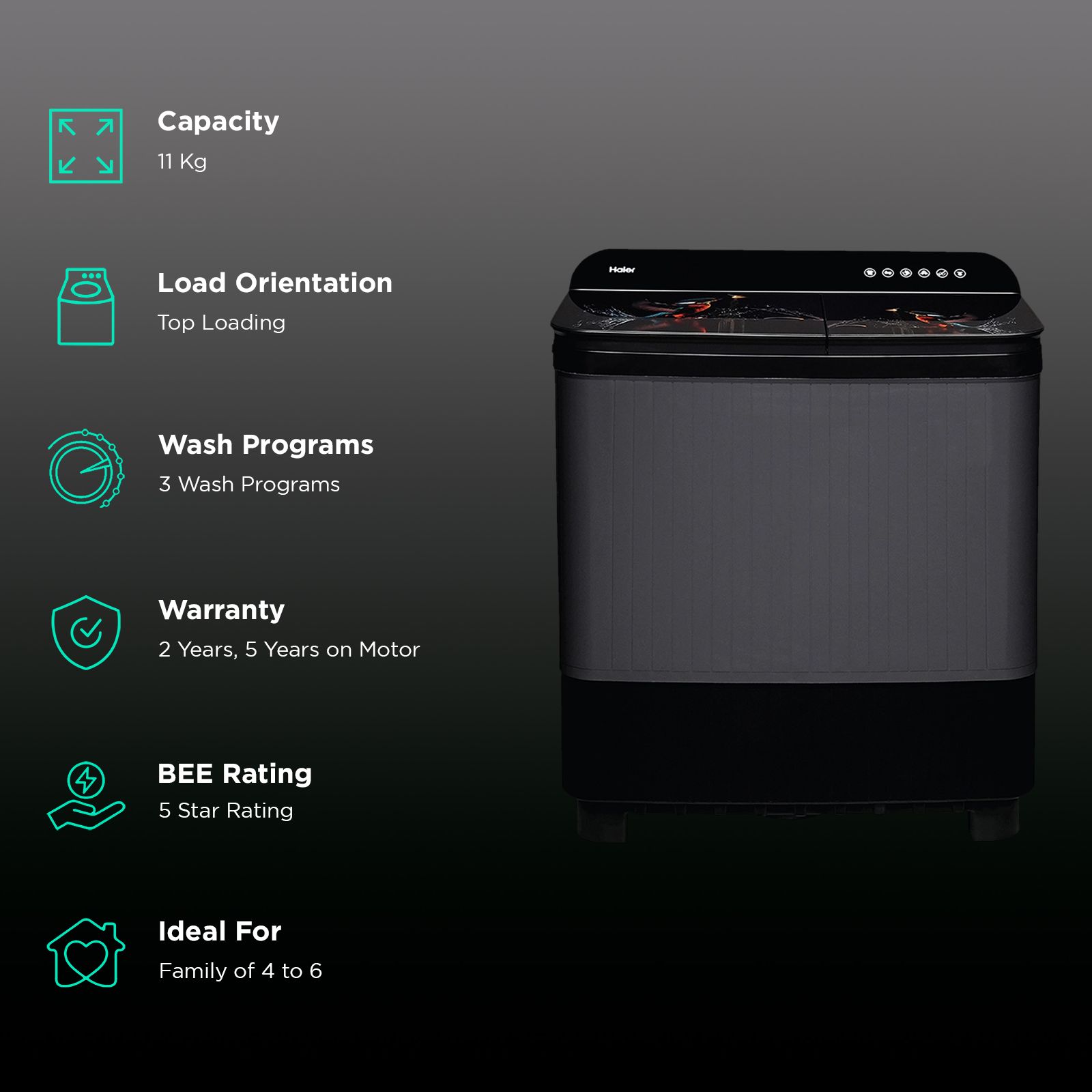 Haier 11 kg 5 Star Semi Automatic Washing Machine with Softfall Techonology (HTW110-178FL, Black)_2