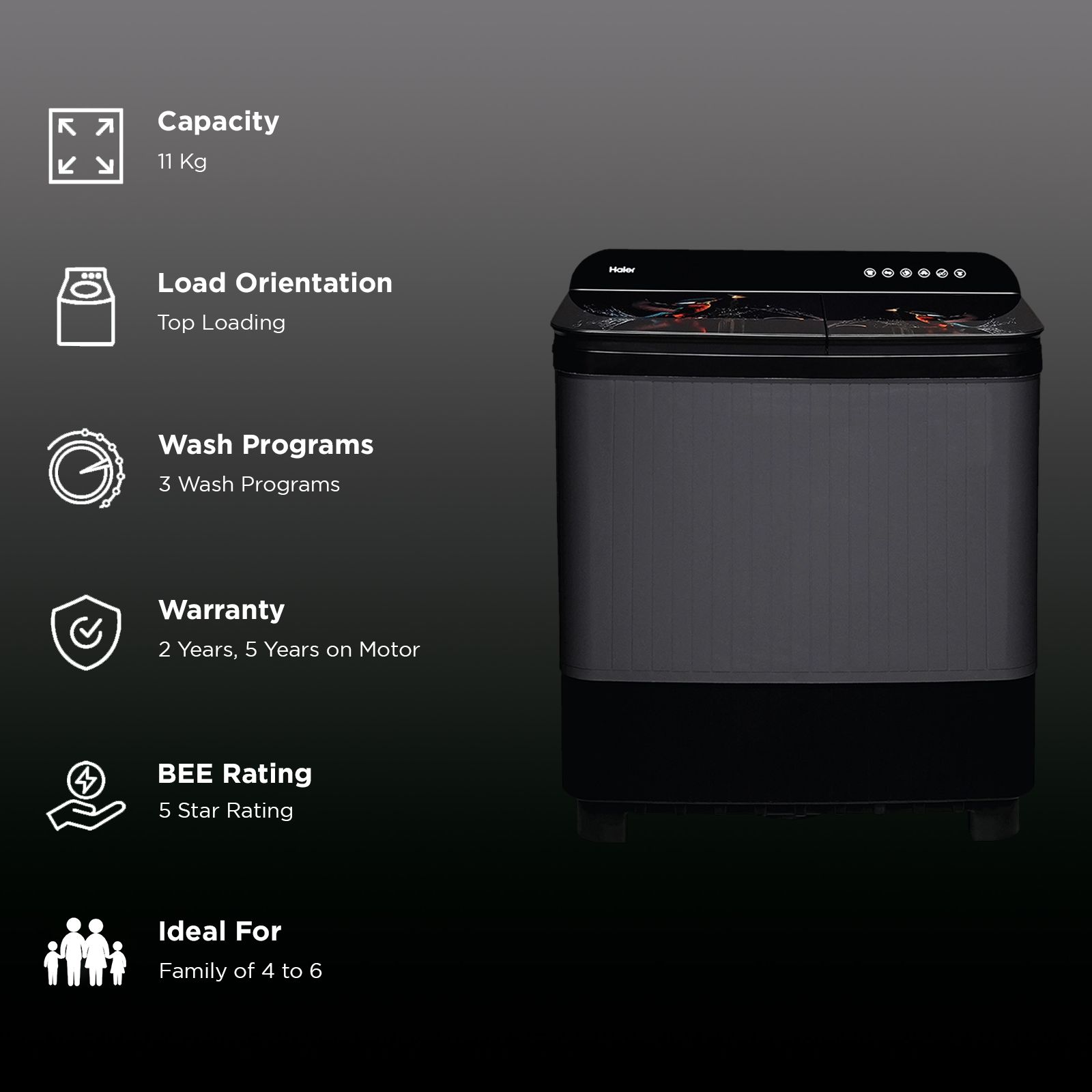 Haier 11 kg 5 Star Semi Automatic Washing Machine with Softfall Techonology (HTW110-178FL, Black)_3