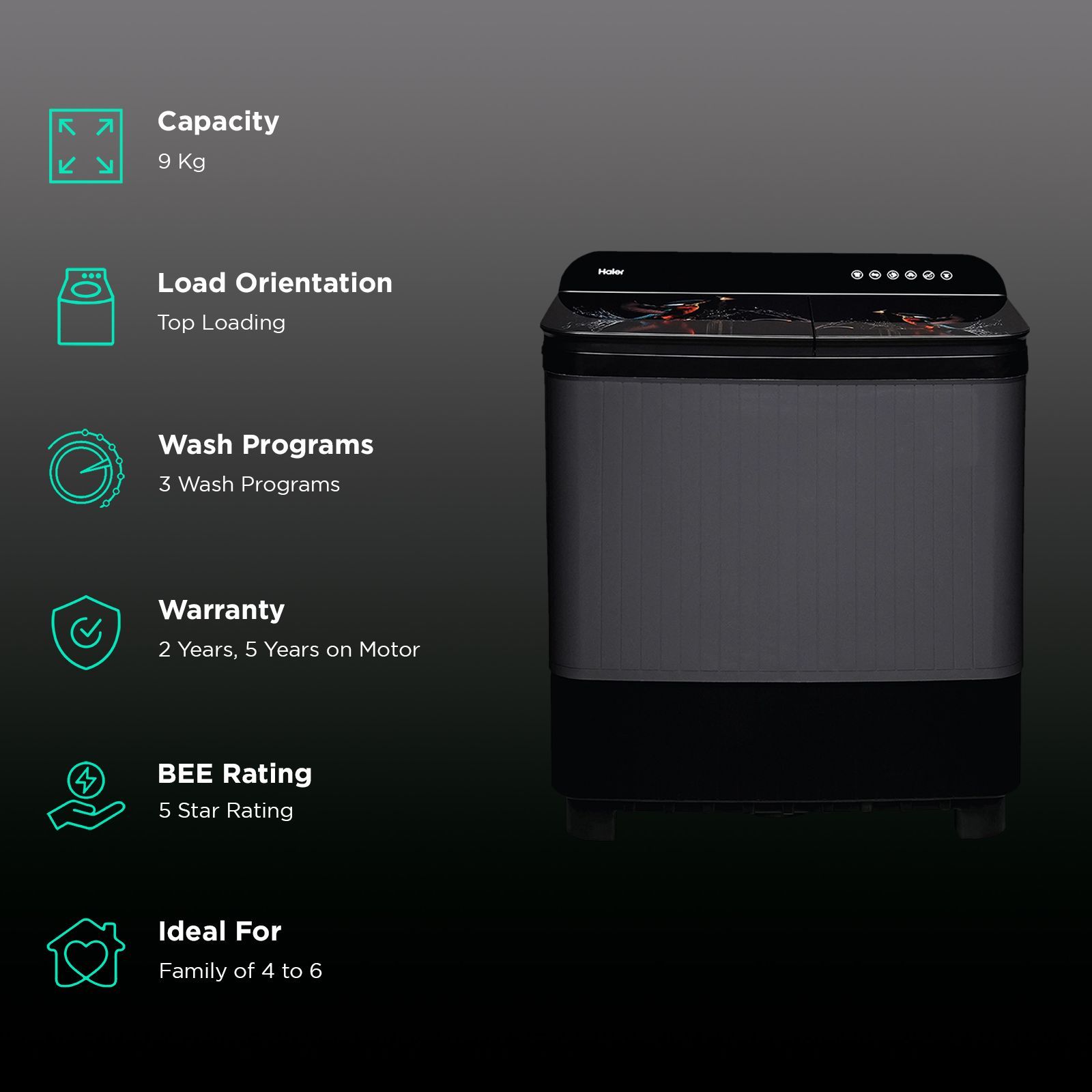 Haier 9 kg Semi Automatic Washing Machine with Softfall Techonology (HTW90-178FL, Black)_2