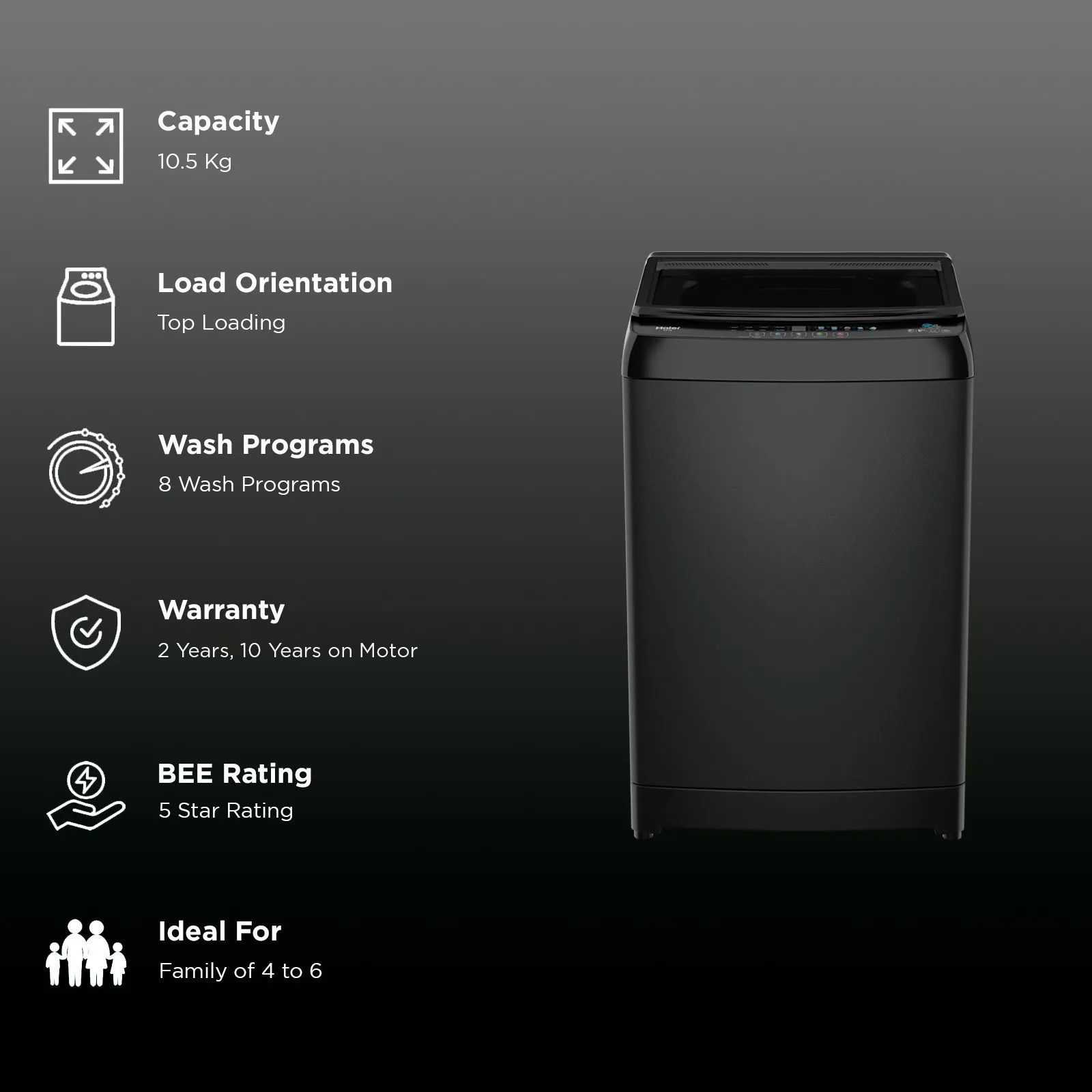 Haier 10.5 kg 5 Star Fully Automatic Top Load Washing Machine (HWM105-316BK, Pillow Drum, Black)_3