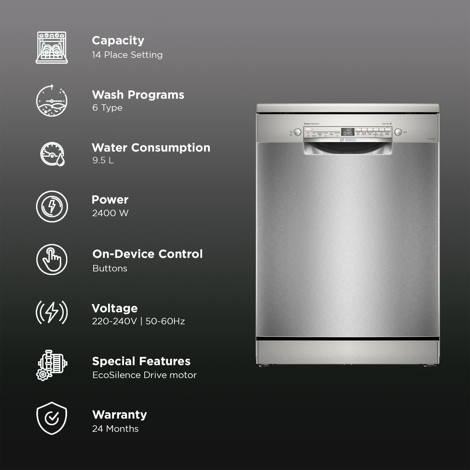 BOSCH Series 6 14 Place Settings Free Standing Dishwasher with Glass Protection Technology (No Pre-rinse Required, Silver)_3