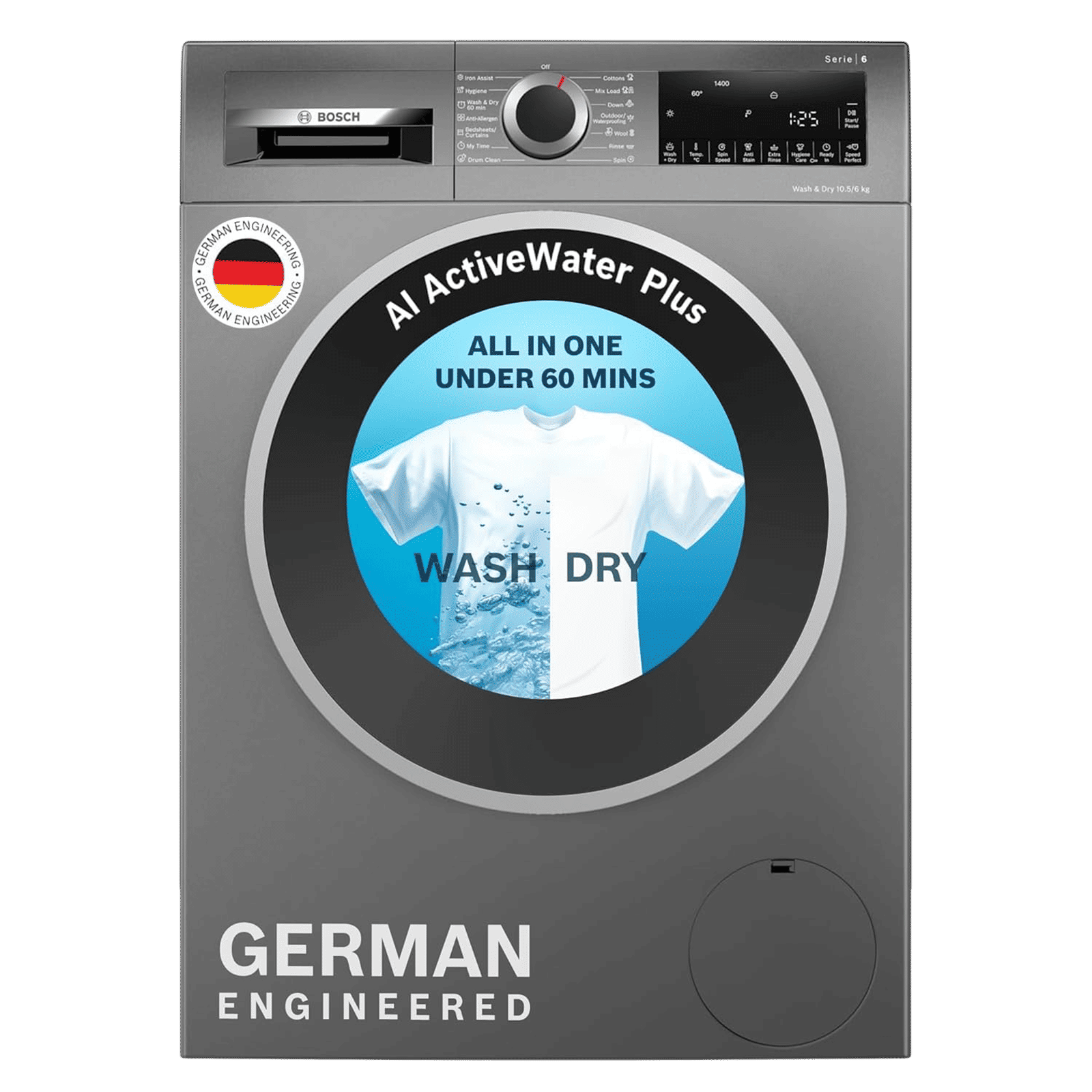 BOSCH 10.5/6 kg 5 Star Inverter Fully Automatic Front Load Washer Dryer (Series 6, WNA2E4UCIN, Inbuilt Heater, Grey)_1