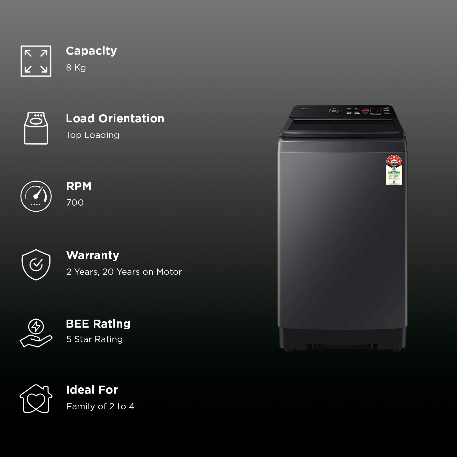 SAMSUNG 8 kg 5 Star Wi-Fi Inverter Fully Automatic Top Load Washing Machine (WA80F08B3BTL, AI VRT+ Technology, Black Caviar)_3