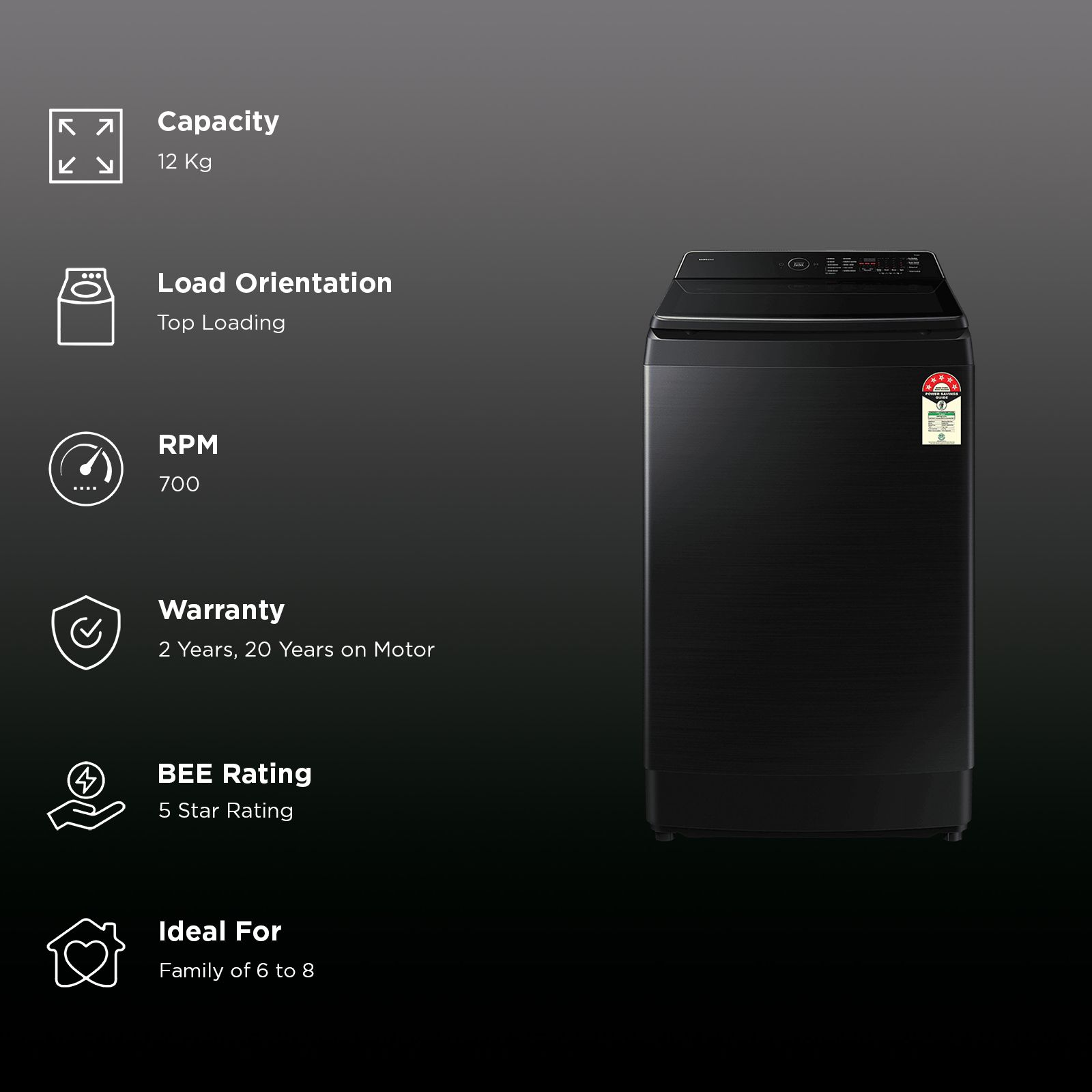 SAMSUNG 12 kg 5 Star Wi-Fi Inverter Fully Automatic Top Load Washing Machine (WA80F12B6BTL, AI VRT+ Technology, Black Caviar)_3