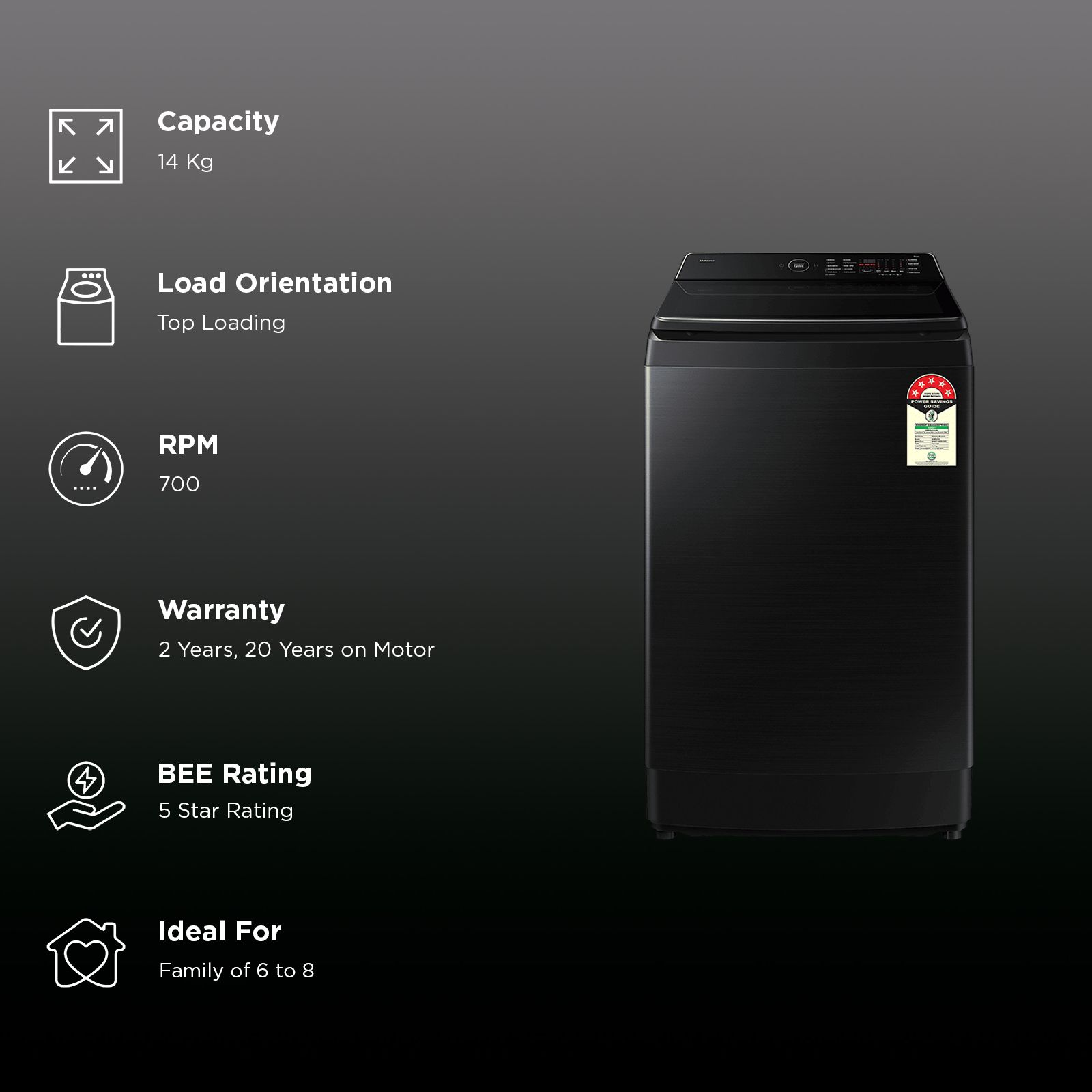 SAMSUNG 14 kg 5 Star Wi-Fi Inverter Fully Automatic Top Load Washing Machine (WA80F14B6BTL, AI VRT+ Technology, Black Caviar)_3
