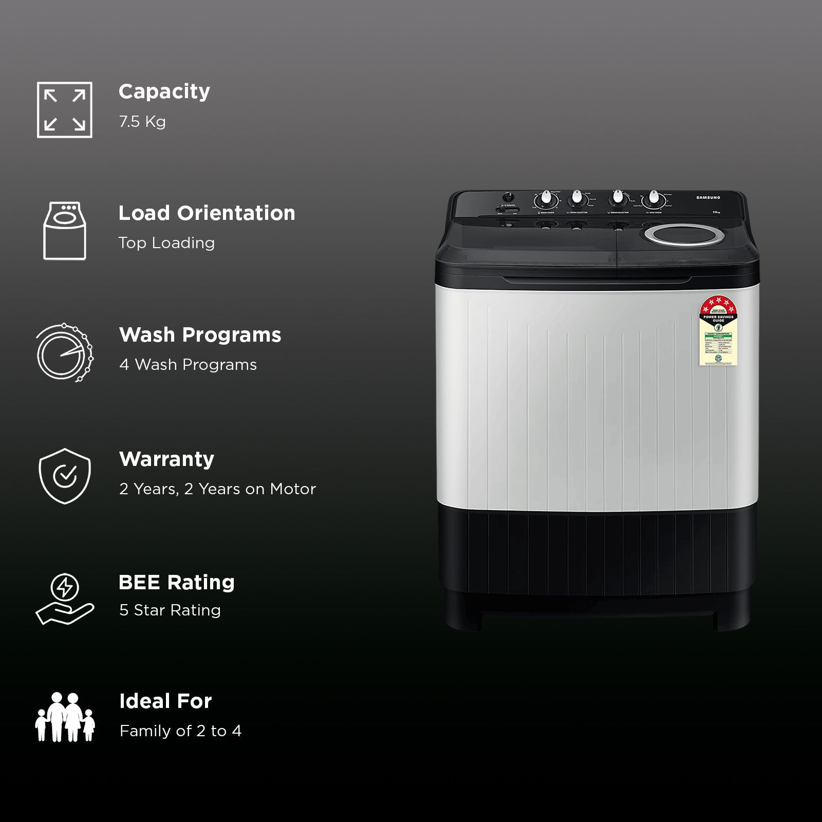 SAMSUNG 7.5 kg 5 Star Semi Automatic Washing Machine with Hexa Storm Pulsator (WT75C3200GG, Black)_2