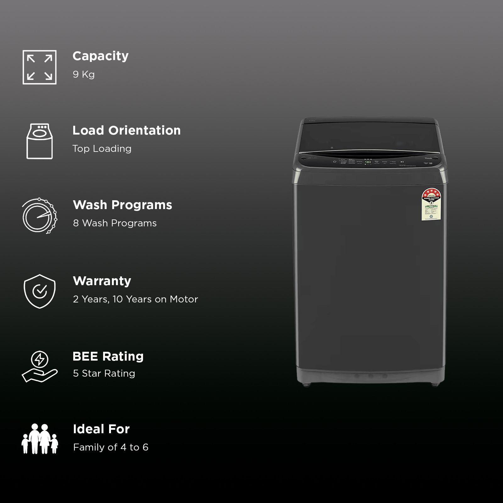 LG 9 kg 5 Star Wi-Fi Inverter Fully Automatic Top Load Washing Machine (T90V4MB1S, In-built Heater, Middle Black) LG 9 kg 5 Star Wi-Fi Inverter Fully Automatic Top Load Washing Machine (T90V4MB1S, In-built Heater, Middle Black)_3