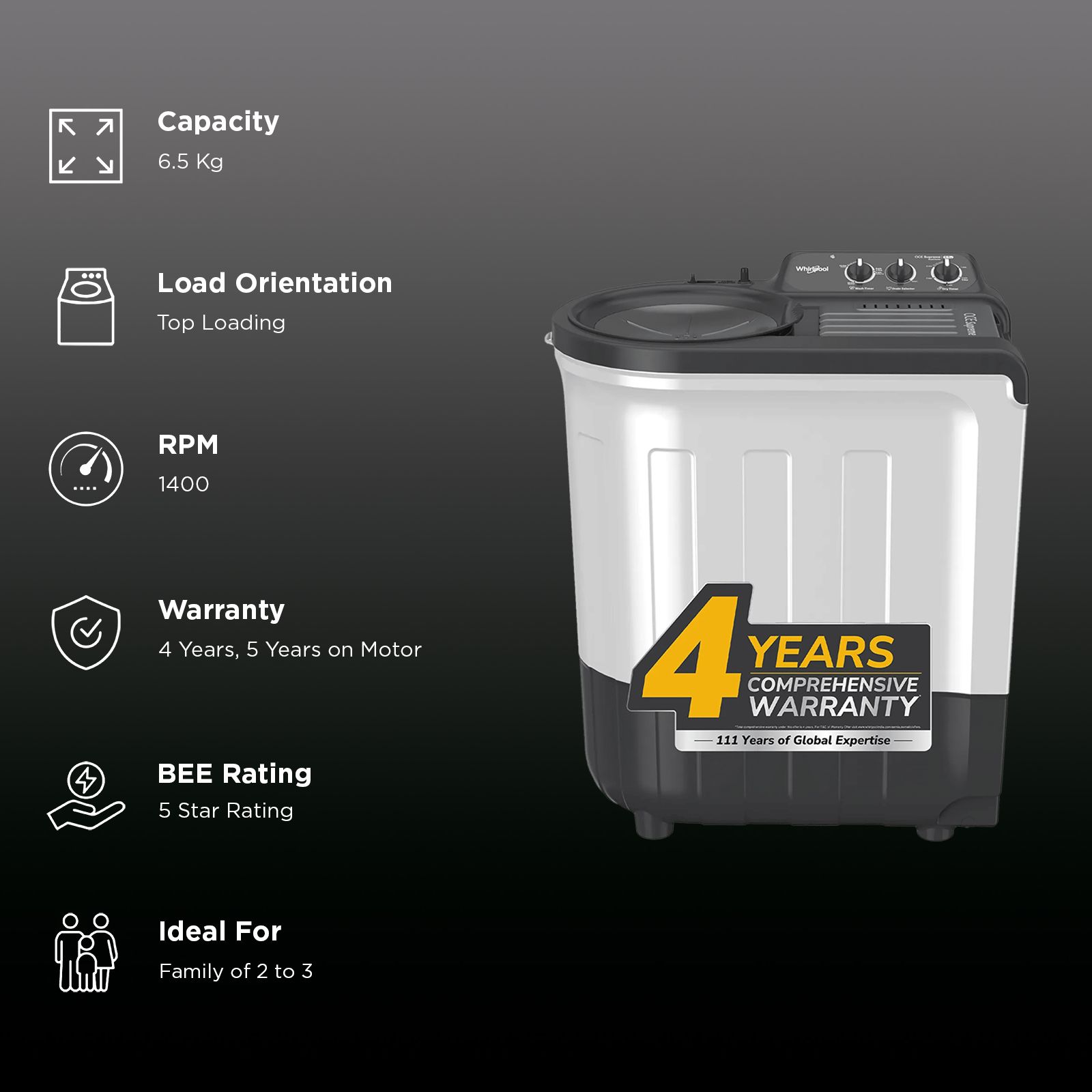 Whirlpool 6.5 kg 5 Star Semi Automatic Washing Machine with In built Scrubber (Magic Clean , 30337, Grey)_3