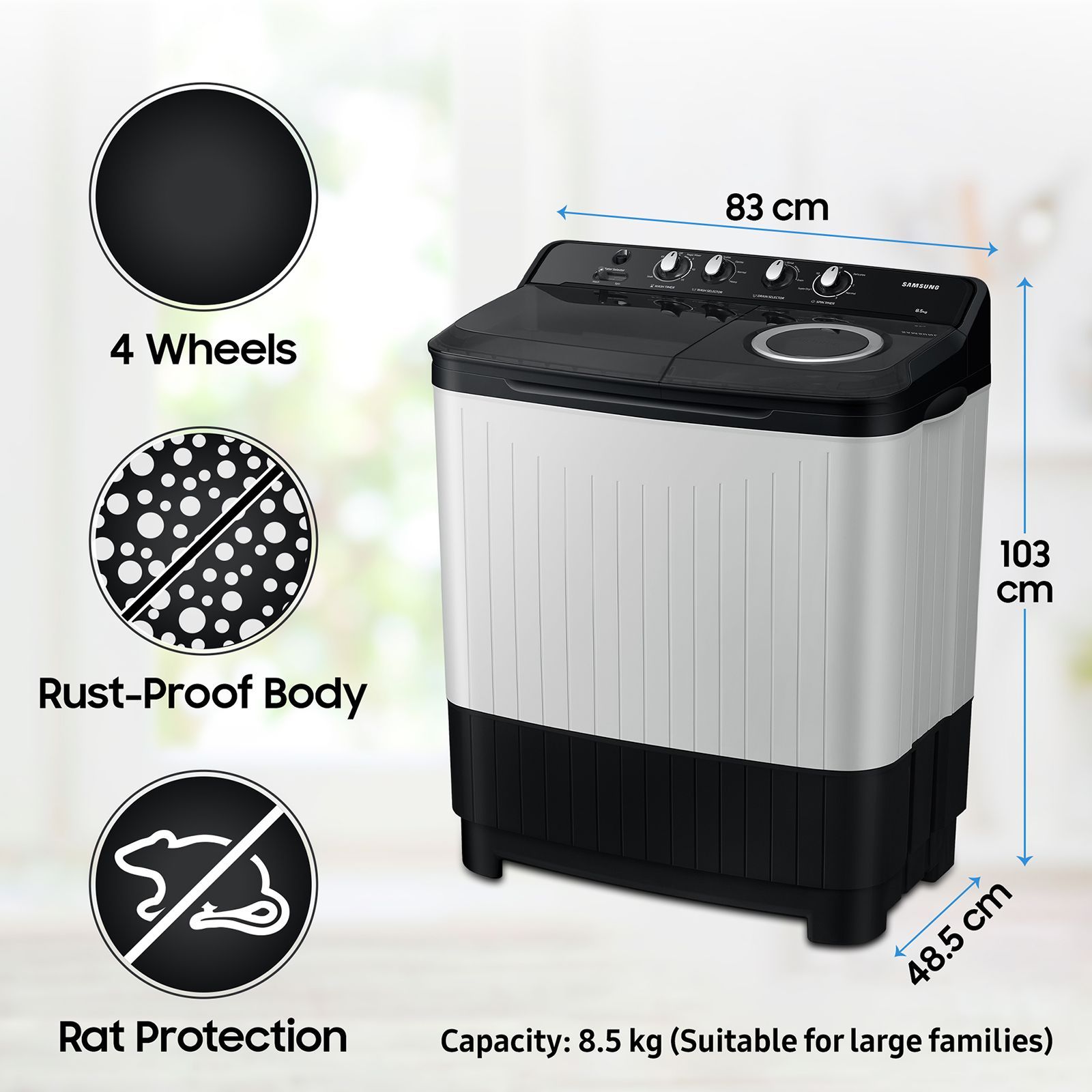 SAMSUNG 8.5 kg 5 Star Semi Automatic Washing Machine with Rat Protection (WT75B3200RR/TL, Dark Grey)_8