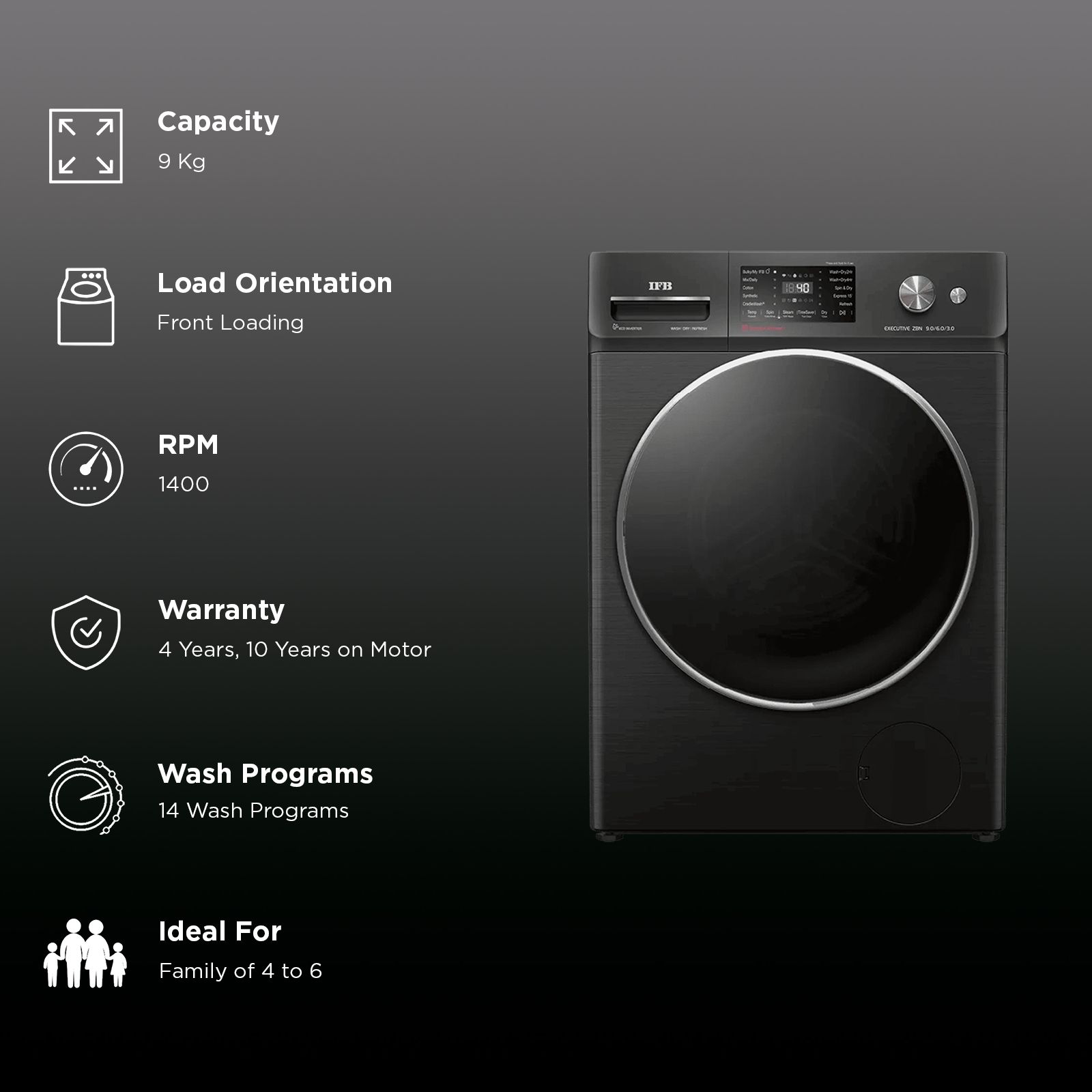 IFB 9/6/3 kg Wi-Fi Inverter Fully Automatic Front Load Washer Dryer Refresher (Executive ZBN, AI Technology, Black Hairline) IFB 9/6/3 kg Wi-Fi Inverter Fully Automatic Front Load Washer Dryer Refresher (Executive ZBN, AI Technology, Black Hairline)_2