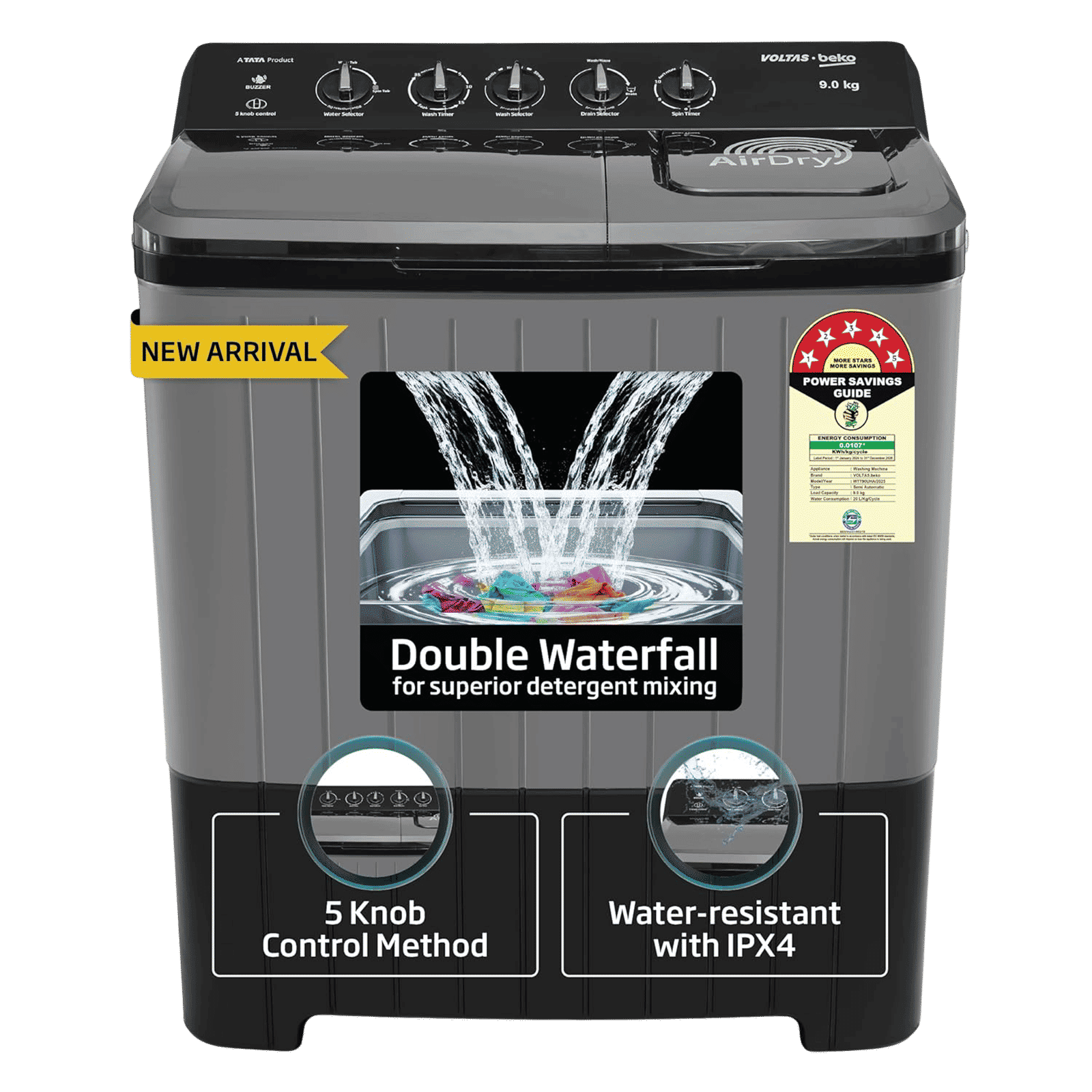 VOLTAS beko 9 kg 5 Star Semi Automatic Washing Machine with Double Waterfall Technology (WTT90UHA, Black)_1