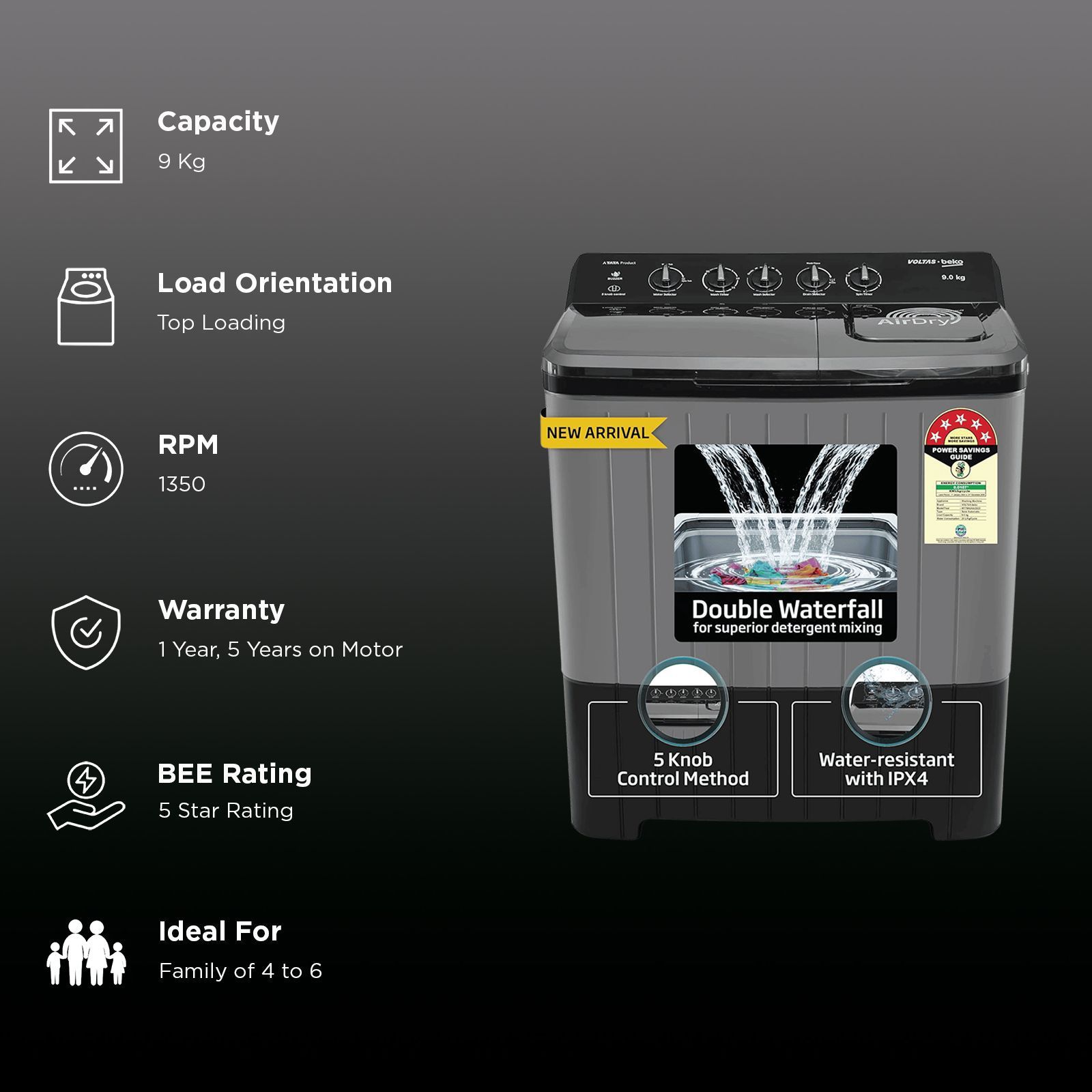 VOLTAS beko 9 kg 5 Star Semi Automatic Washing Machine with Double Waterfall Technology (WTT90UHA, Black)_2