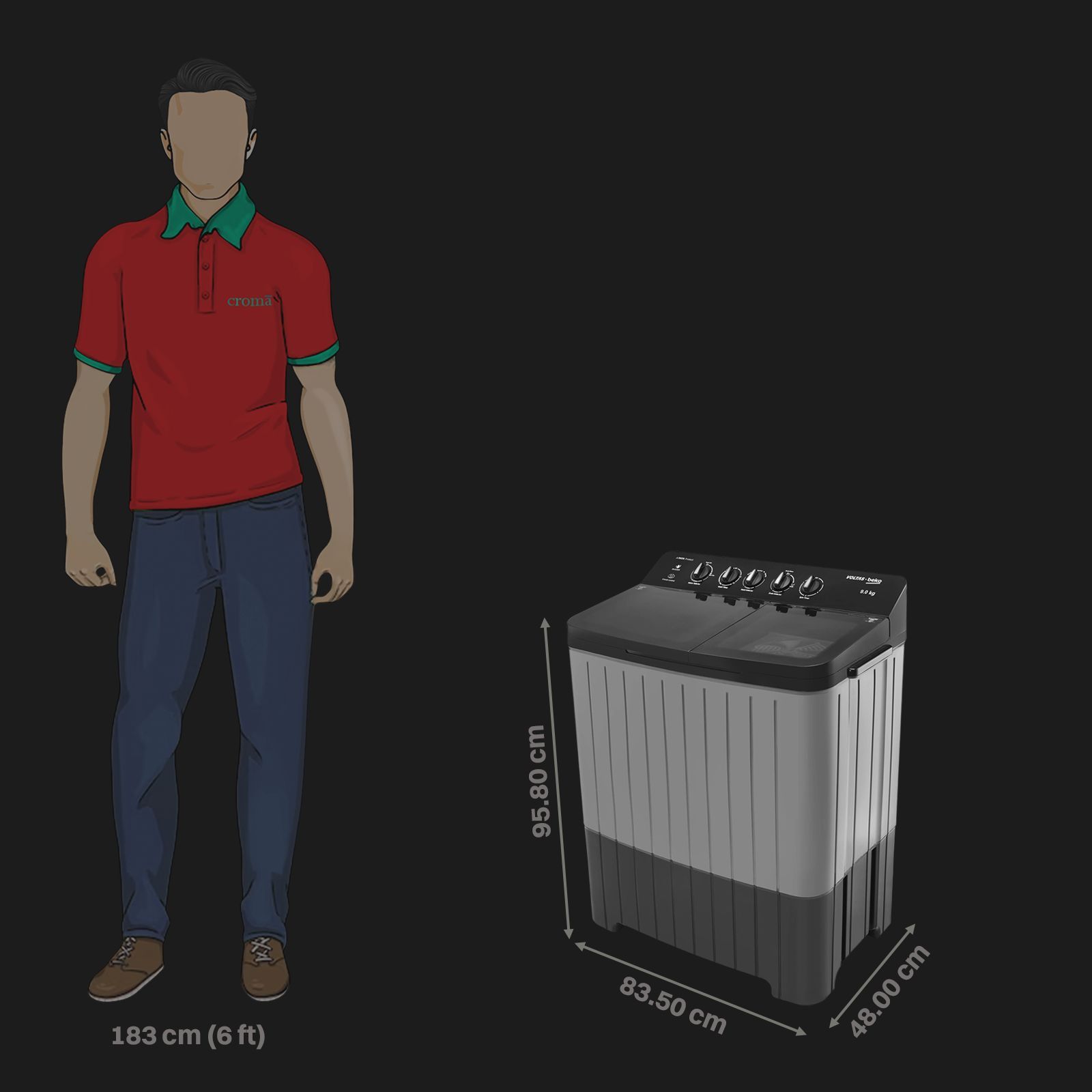 VOLTAS beko 9 kg 5 Star Semi Automatic Washing Machine with Double Waterfall Technology (WTT90UHA, Black)_2