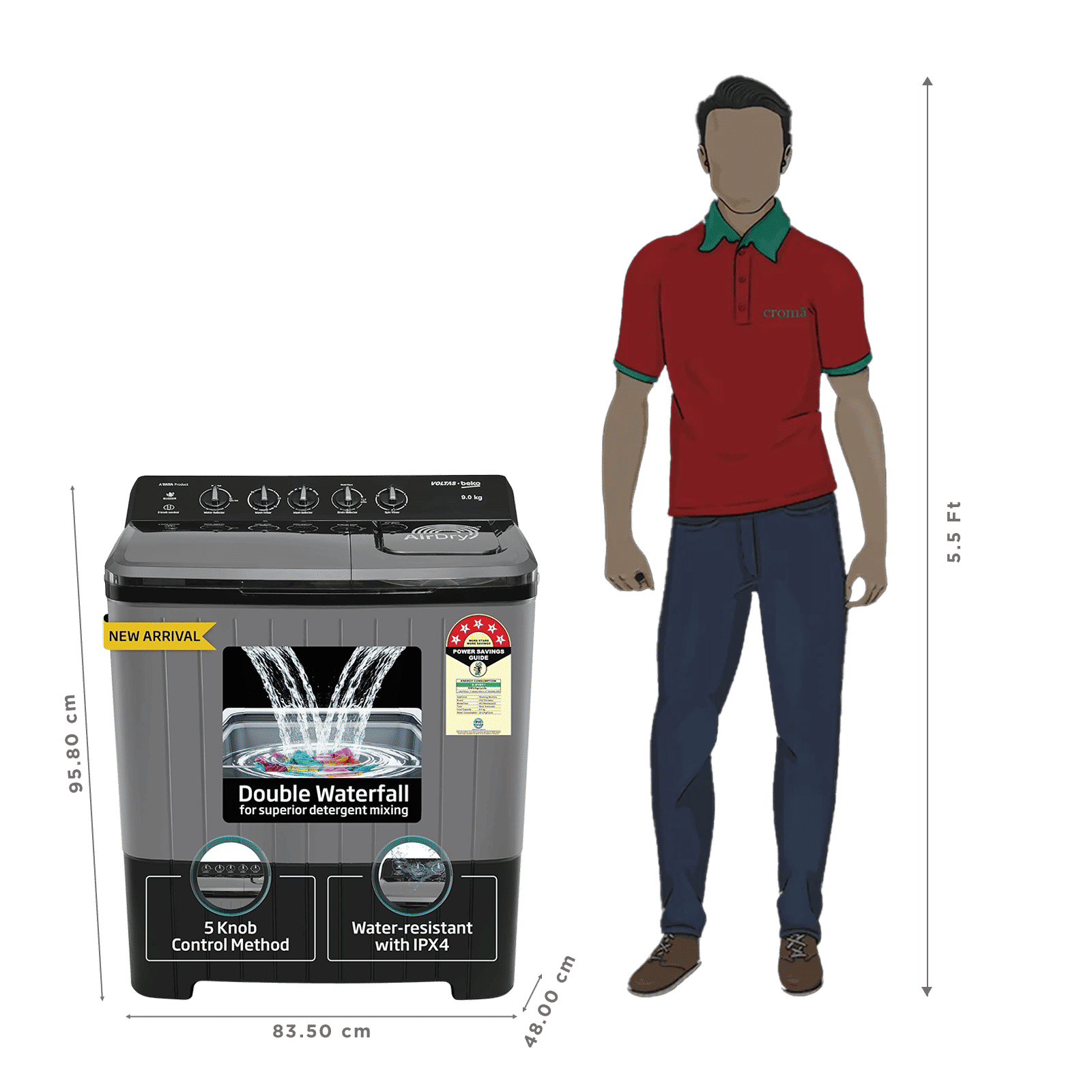 VOLTAS beko 9 kg 5 Star Semi Automatic Washing Machine with Double Waterfall Technology (WTT90UHA, Black) VOLTAS beko 9 kg 5 Star Semi Automatic Washing Machine with Double Waterfall Technology (WTT90UHA, Black)_3