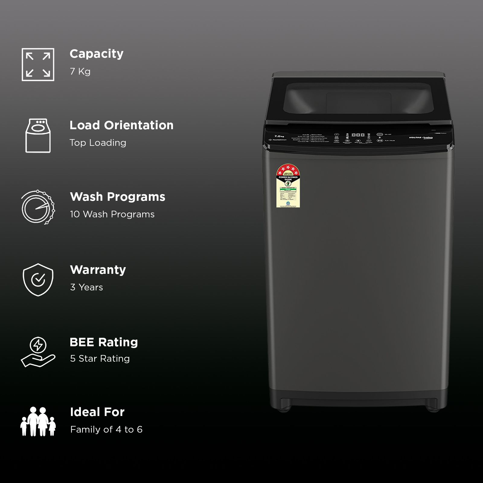 VOLTAS beko 7 Kg 5 Star Fully Automatic Top Load Washing Machine (WTL7006UAA, Aqua Wave Drum, Medium Grey)_3