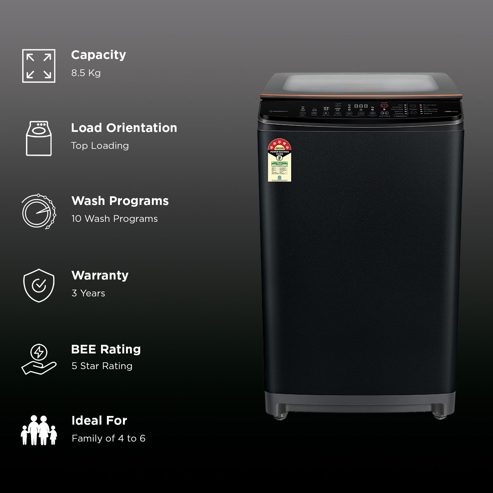 VOLTAS beko 8.5 Kg 5 Star Fully Automatic Top Load Washing Machine (WTL8512VAA, In-built Heater, Black)_3