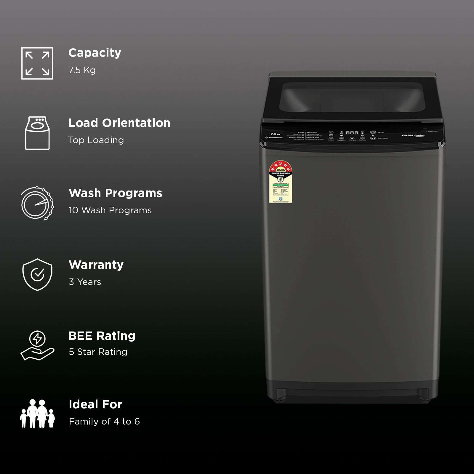 VOLTAS beko 7.5 Kg 5 Star Fully Automatic Top Load Washing Machine (WTL7506UAA, Aqua Wave Drum, Medium Grey) VOLTAS beko 7.5 Kg 5 Star Fully Automatic Top Load Washing Machine (WTL7506UAA, Aqua Wave Drum, Medium Grey)_3