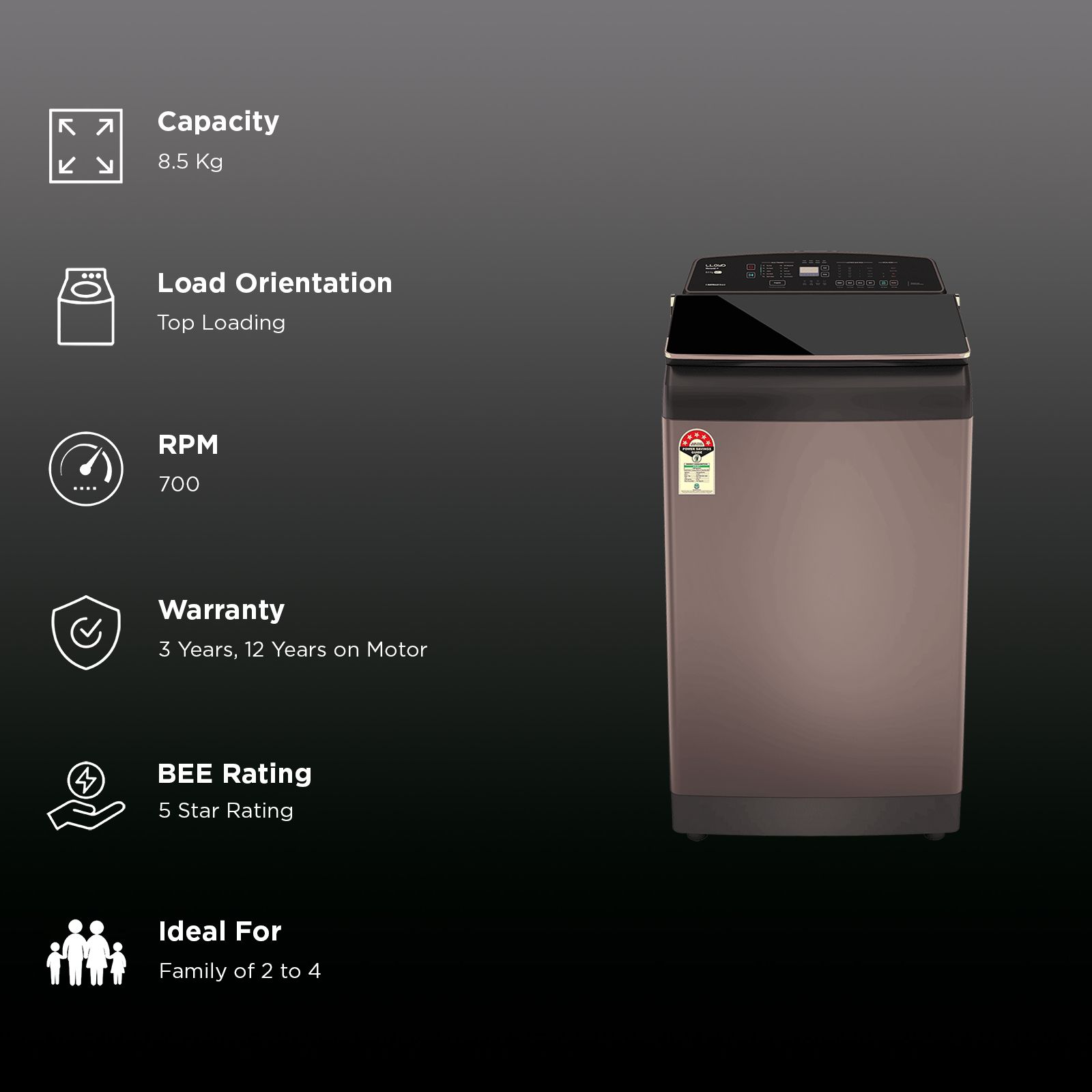 LLOYD 8.5 kg 5 Star Wi-Fi Inverter Fully Automatic Top Load Washing Machine (Novante IOT, GLWT855N12CB, 12 i-Sense Technology, Copper Blush)_3