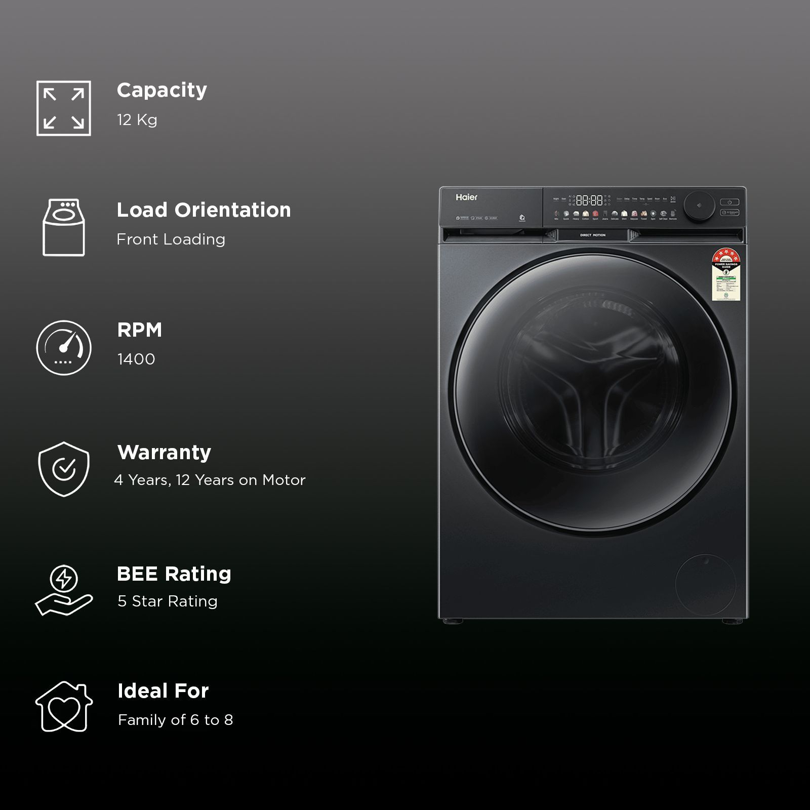 Haier 12 kg 5 Star Wi-Fi Inverter Fully Automatic Front Load Washing Machine (F9, HW120-DM14F9BKU1, Direct Motion Motor, Black)_3