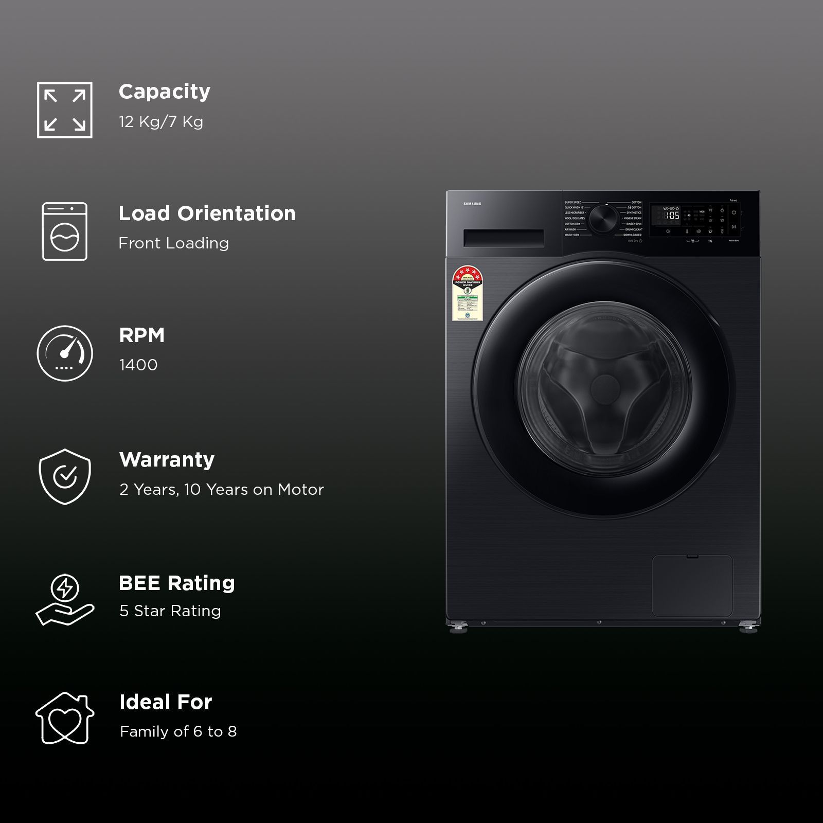 SAMSUNG 12/7 kg 5 Star Wi-Fi Inverter Fully Automatic Front Load Washer Dryer (5 Series, WD12FG5B34BBTL, Hygiene Steam, Black) SAMSUNG 12/7 kg 5 Star Wi-Fi Inverter Fully Automatic Front Load Washer Dryer (5 Series, WD12FG5B34BBTL, Hygiene Steam, Black)_2