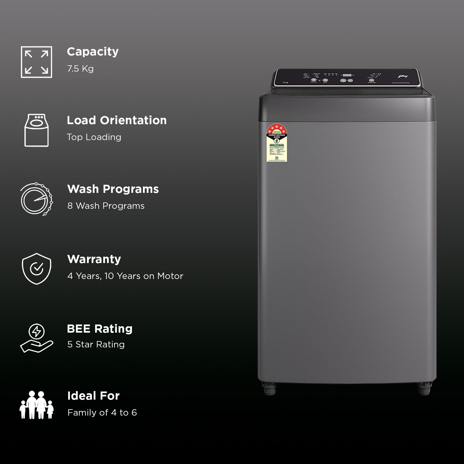 Godrej 7.5 kg 5 Star Fully Automatic Top Load Washing Machine (Valor, WTEON VAL 75 5.0 FDAG, In-built Heater, Metalic Black)_2