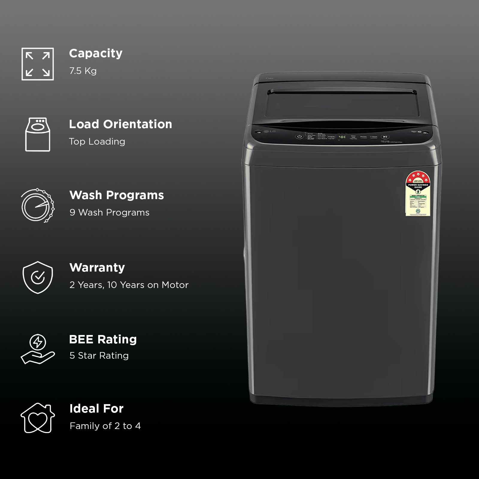 LG 7.5 kg 5 Star Inverter Fully Automatic Top Load Washing Machine (T75VBMB1S.ABMQEIL, In-Built Heater, Middle Black) LG 7.5 kg 5 Star Inverter Fully Automatic Top Load Washing Machine (T75VBMB1S.ABMQEIL, In-Built Heater, Middle Black)_2