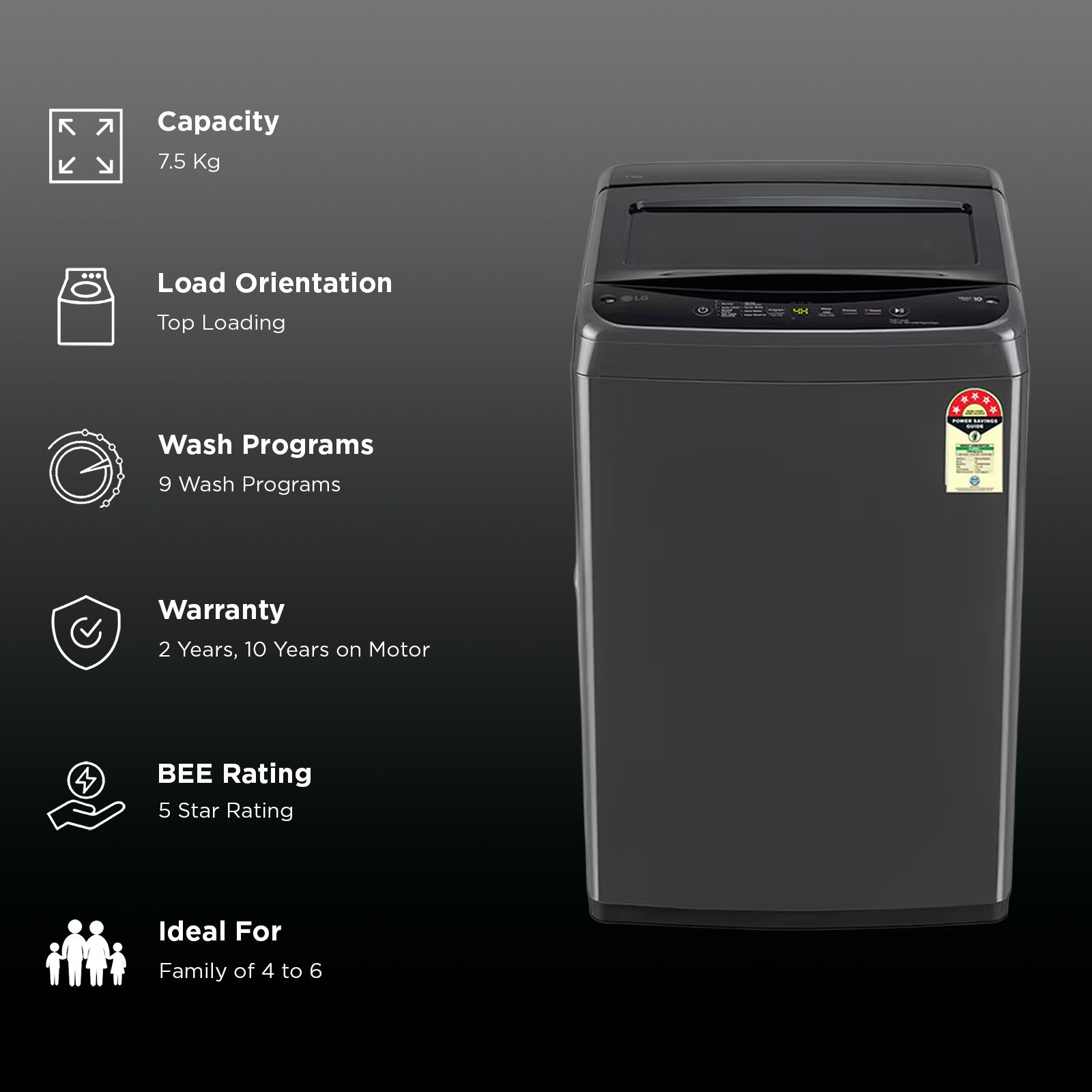 LG 7.5 kg 5 Star Inverter Fully Automatic Top Load Washing Machine (T75VBMB1S.ABMQEIL, In-Built Heater, Middle Black) LG 7.5 kg 5 Star Inverter Fully Automatic Top Load Washing Machine (T75VBMB1S.ABMQEIL, In-Built Heater, Middle Black)_2