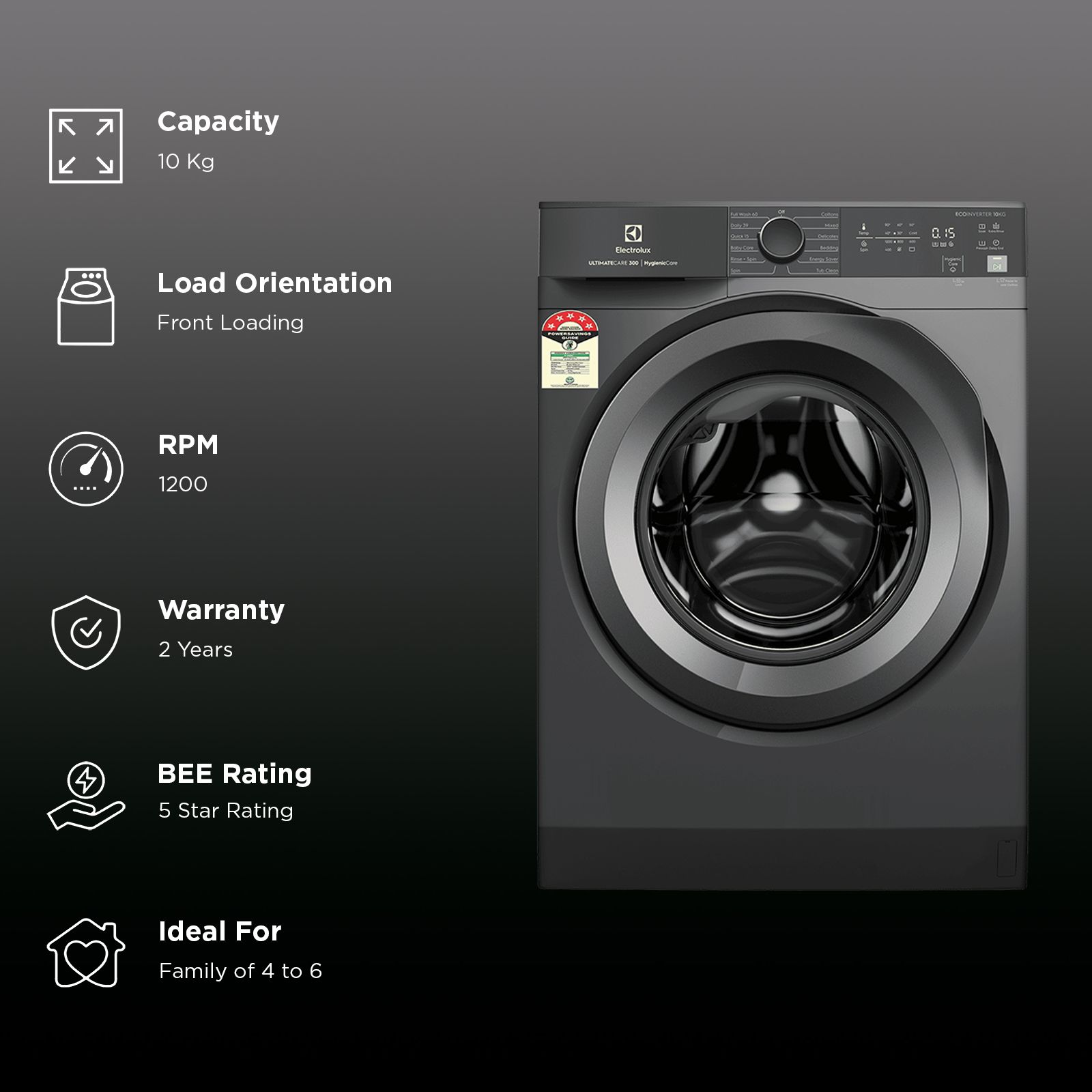 Electrolux 10 kg 5 Star Inverter Fully Automatic Front Load Washing Machine (UltimateCare 300, EWF1024M3SB, HygienicCare, Dark Silver)_2