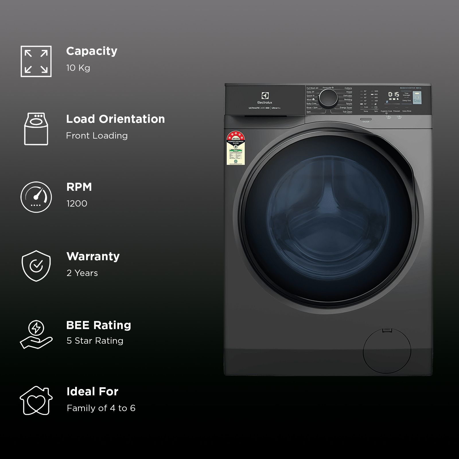 Electrolux 10 kg 5 Star Inverter Fully Automatic Front Load Washing Machine (UltimateCare 500, EWF1024R5SB, Woolmark Approved Cycle, Dark Silver)_2