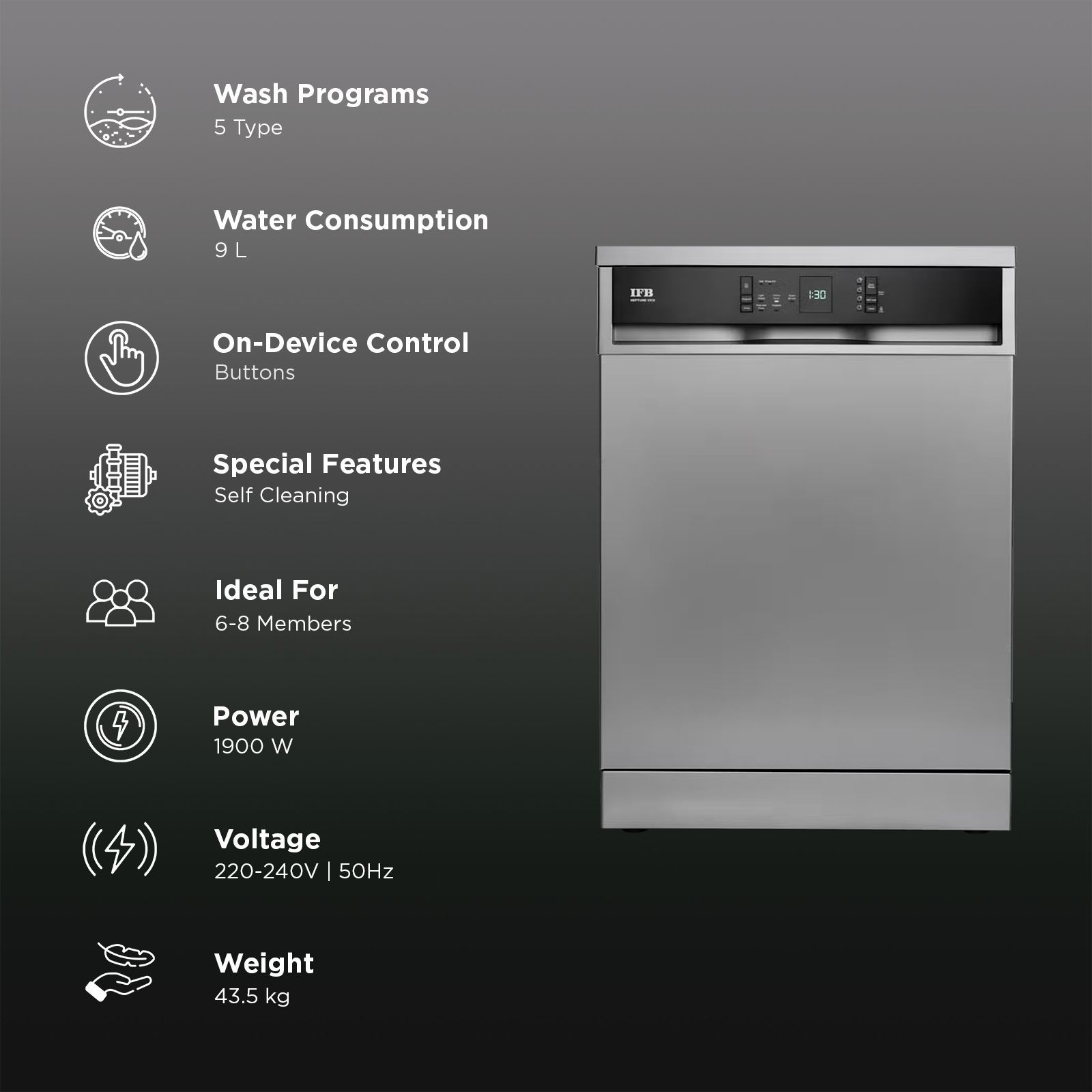 IFB Neptune VX15 15 Place Settings Free Standing Dishwasher with 70°C Hot Water Wash (No Pre-rinse Required, Dark Silver) IFB Neptune VX15 15 Place Settings Free Standing Dishwasher with 70°C Hot Water Wash (No Pre-rinse Required, Dark Silver) _3