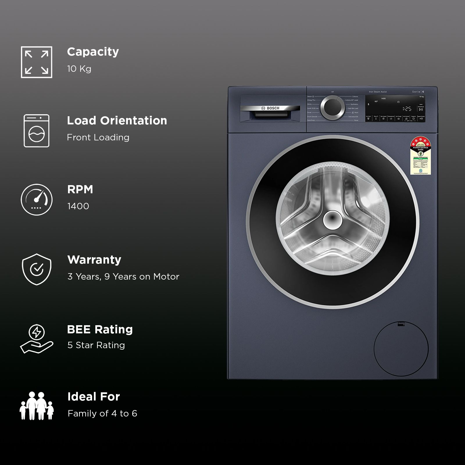 BOSCH 10 kg 5 Star Fully Automatic Front Load Washing Machine (Series 6, WGA254ZPIN, EcoSilence Drive, Dark Lake)_2
