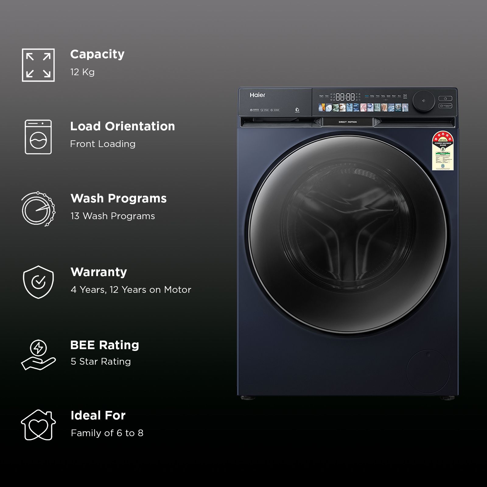 Haier 12 kg 5 Star Wi-Fi Fully Automatic Front Load Washing Machine (F9P, HW120-DM14F9PBKU1, Direct Motion Motor, Black) Haier 12 kg 5 Star Wi-Fi Fully Automatic Front Load Washing Machine (F9P, HW120-DM14F9PBKU1, Direct Motion Motor, Black)_2