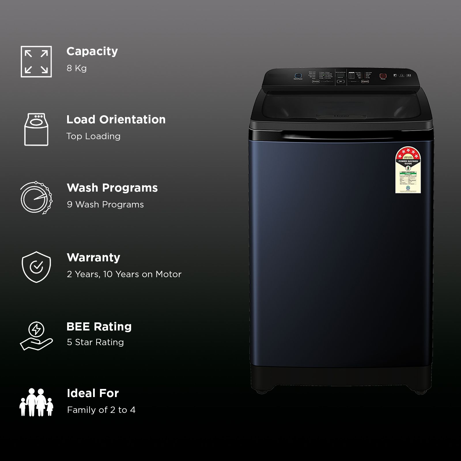 Haier 8 kg 5 Star Fully Automatic Top Load Washing Machine (678, HWM80-678BK, Child Lock, Black) Haier 8 kg 5 Star Fully Automatic Top Load Washing Machine (678, HWM80-678BK, Child Lock, Black)_2