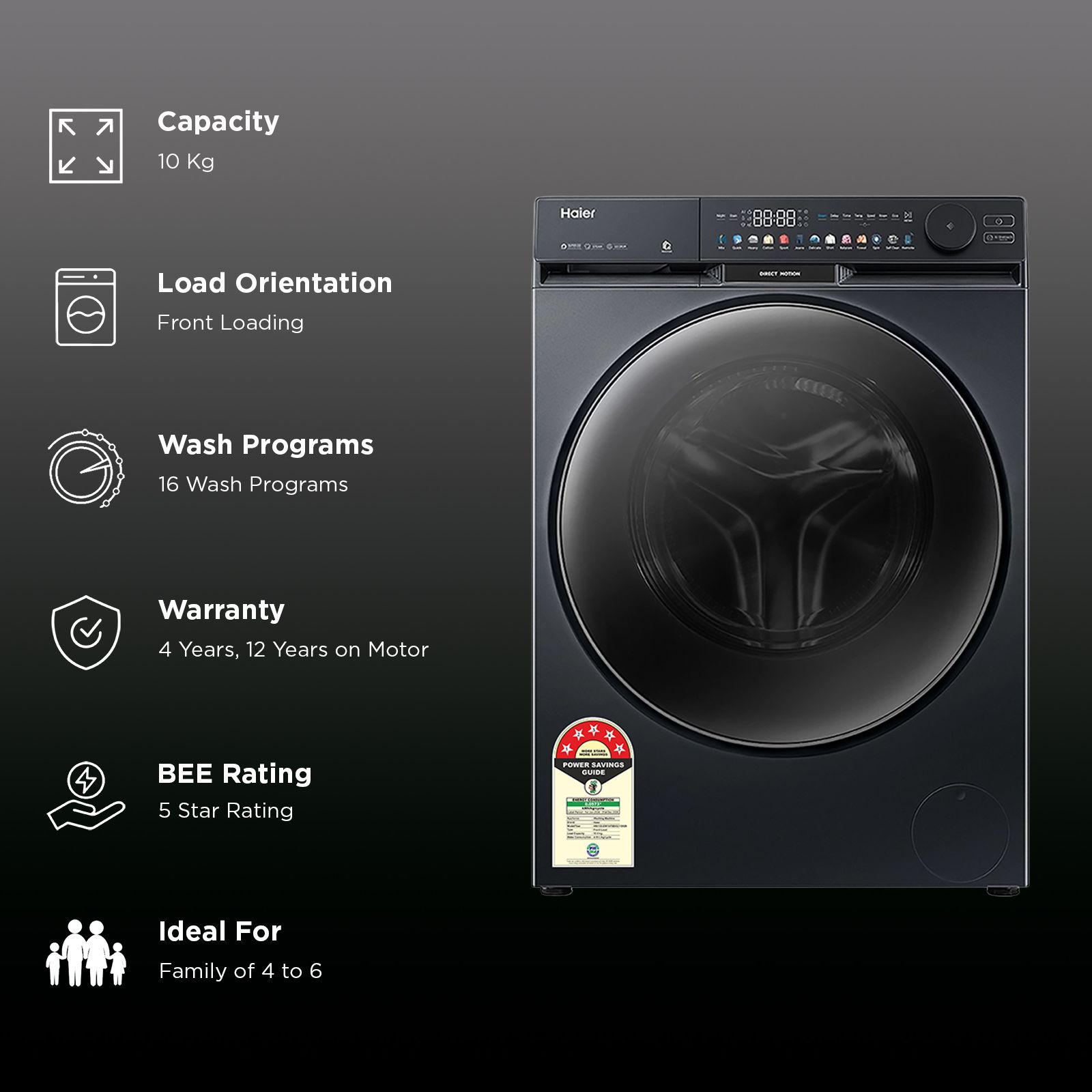 Haier 10 kg 5 Star Wi-Fi Fully Automatic Front Load Washing Machine (F9B, HW100-DM14F9BKU1, Direct Motion Motor, Black) Haier 10 kg 5 Star Wi-Fi Fully Automatic Front Load Washing Machine (F9B, HW100-DM14F9BKU1, Direct Motion Motor, Black)_2
