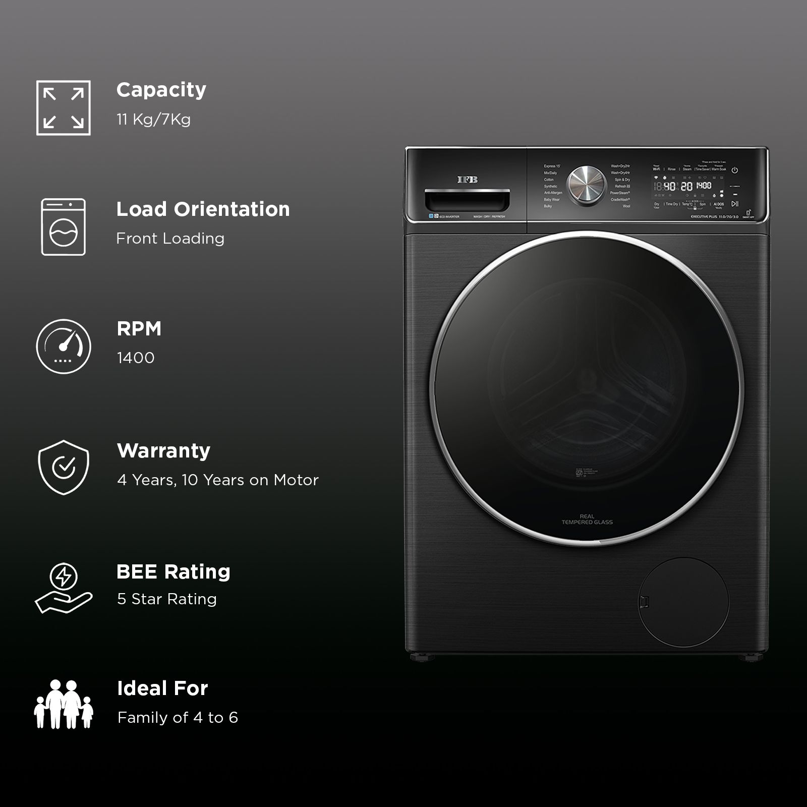 IFB 11/7/3 Kg 5 Star Wi-Fi Inverter Fully Automatic Front Load Washer Dryer Refresher (Executive Plus ZBG, 8903287033735, Powered by Ai, Black VCM)_2