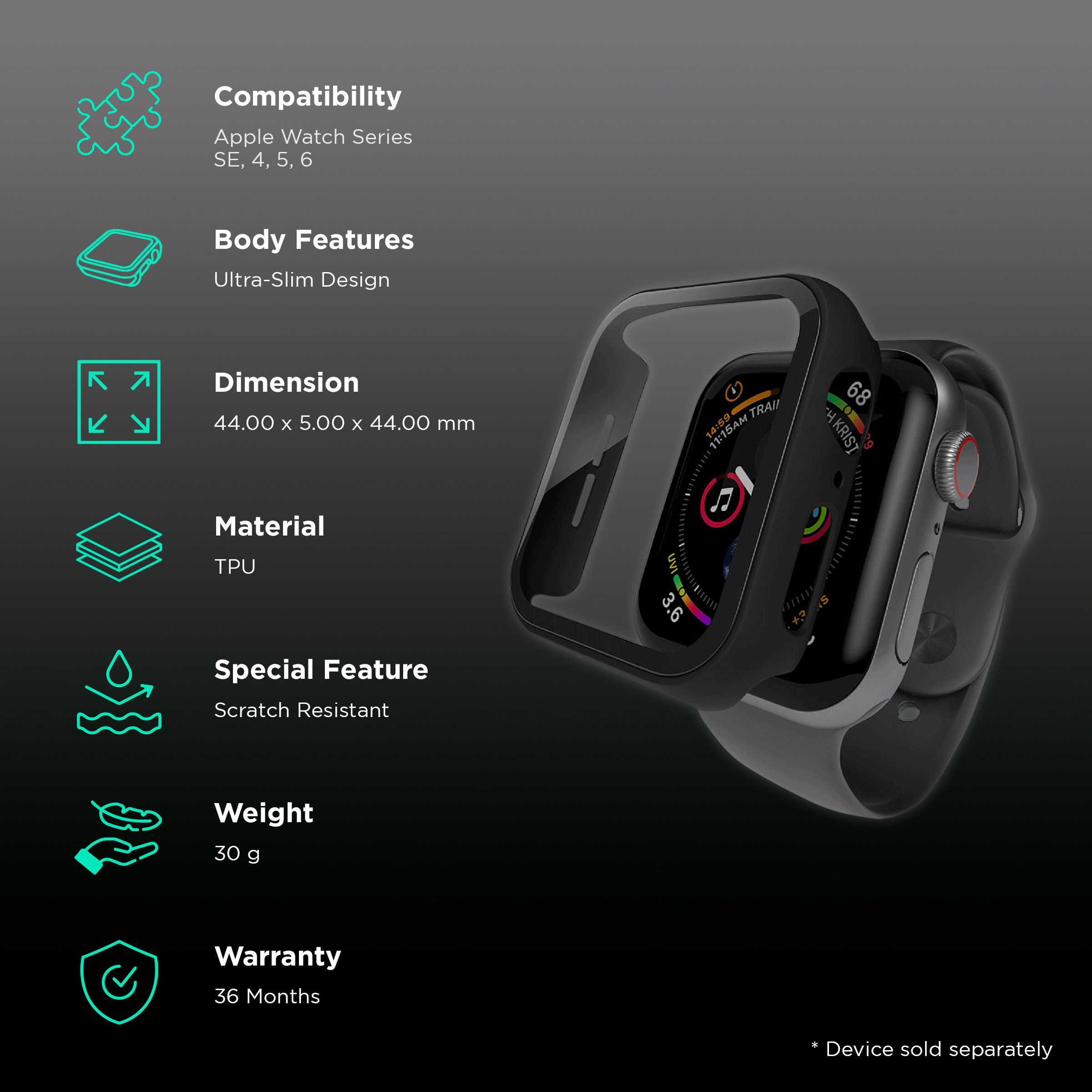 HYPHEN DEFENDR TPU & Tempered Glass Bumper Case for Apple Watch Series SE, 4, 5 & 6 (40mm) (360 Degree Protection, Black)_2