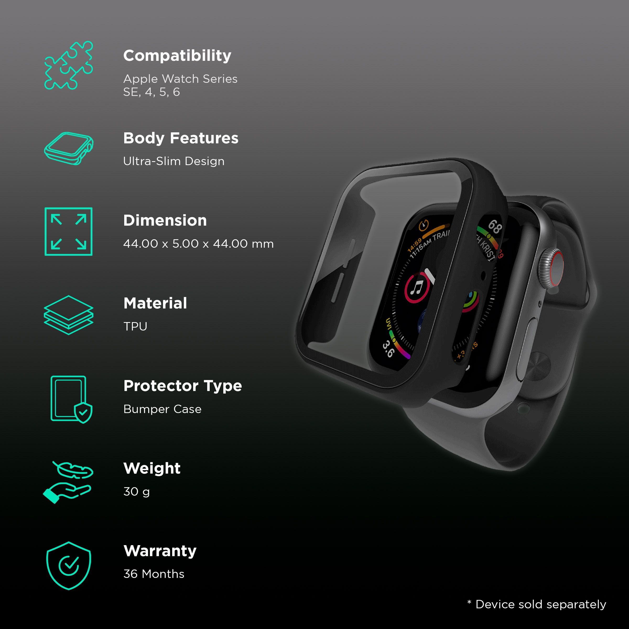 Hyphen DEFENDR TPU Bumper Case for Apple Watch Series SE, 4, 5 & 6 (44mm) (Touch Sensitive Tempered Glass, Black) Hyphen DEFENDR TPU Bumper Case for Apple Watch Series SE, 4, 5 & 6 (44mm) (Touch Sensitive Tempered Glass, Black)_2