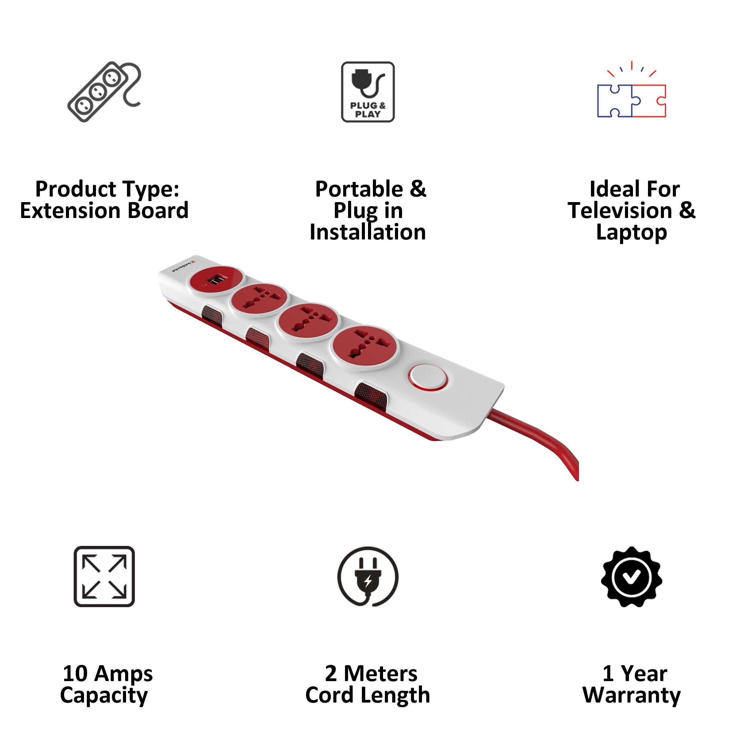 Goldmedal Curve 10 Amp 3 Sockets Extension Board 2 Meters (High Grade Fire Retardant Plastic, 205107, White/Red)_2