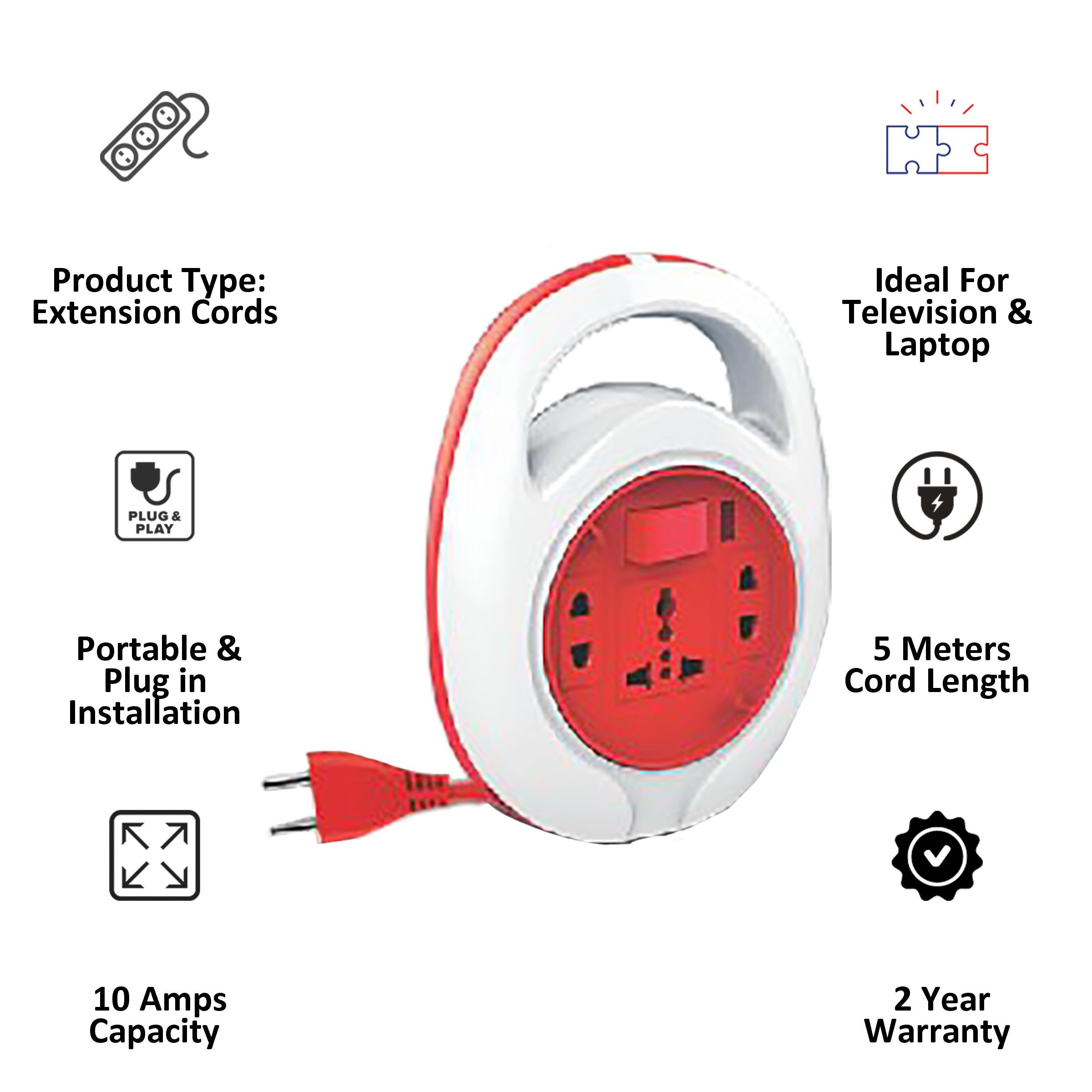 Goldmedal Curve Quord 10 Amp 3 Sockets Extension Board 5 Meters (Minimalistic Elegance, 205118, White/Red)_3
