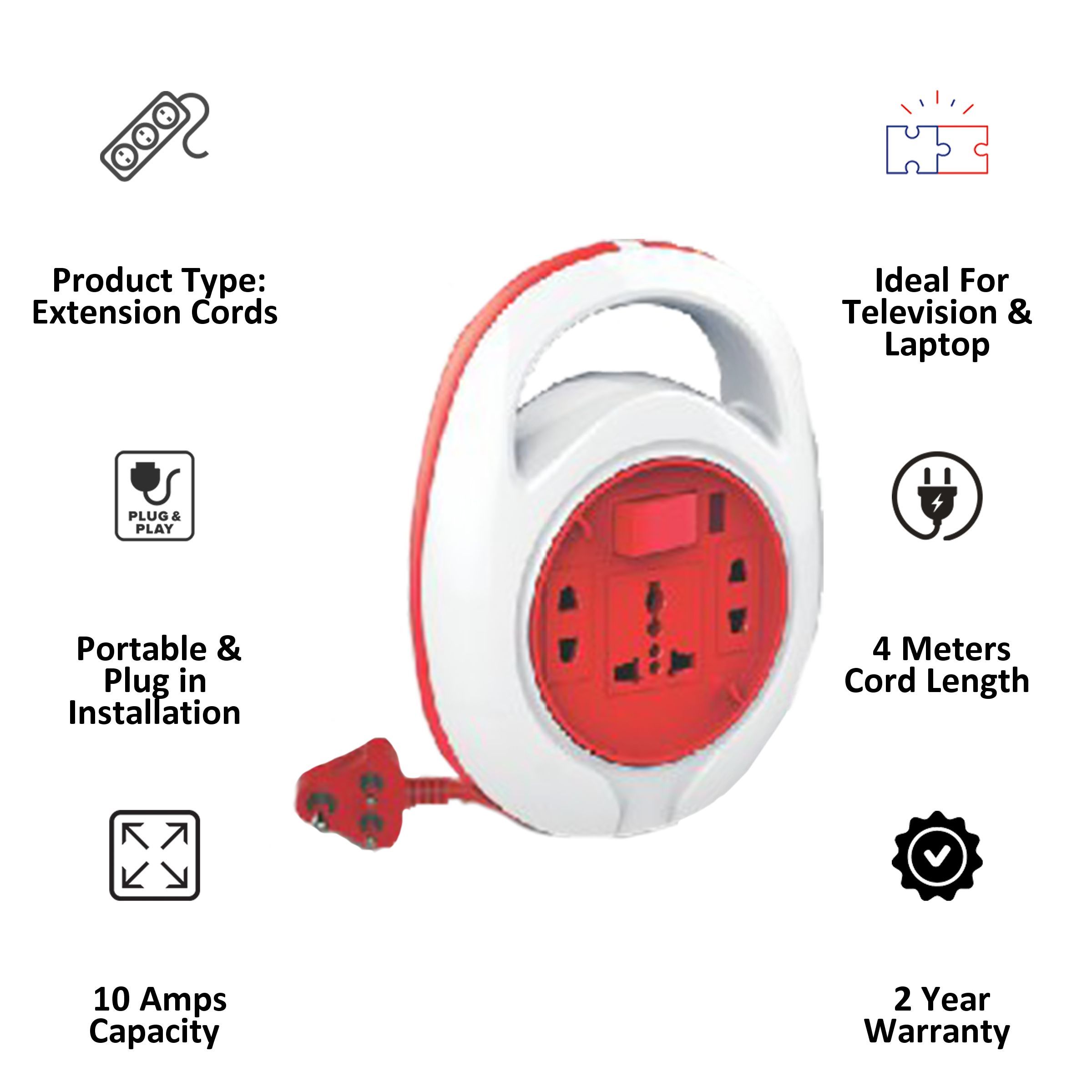 Goldmedal Curve Quord 10 Amp 3 Sockets Extension Board 4 Meters (Minimalistic Elegance, 205119, White/Red)_3