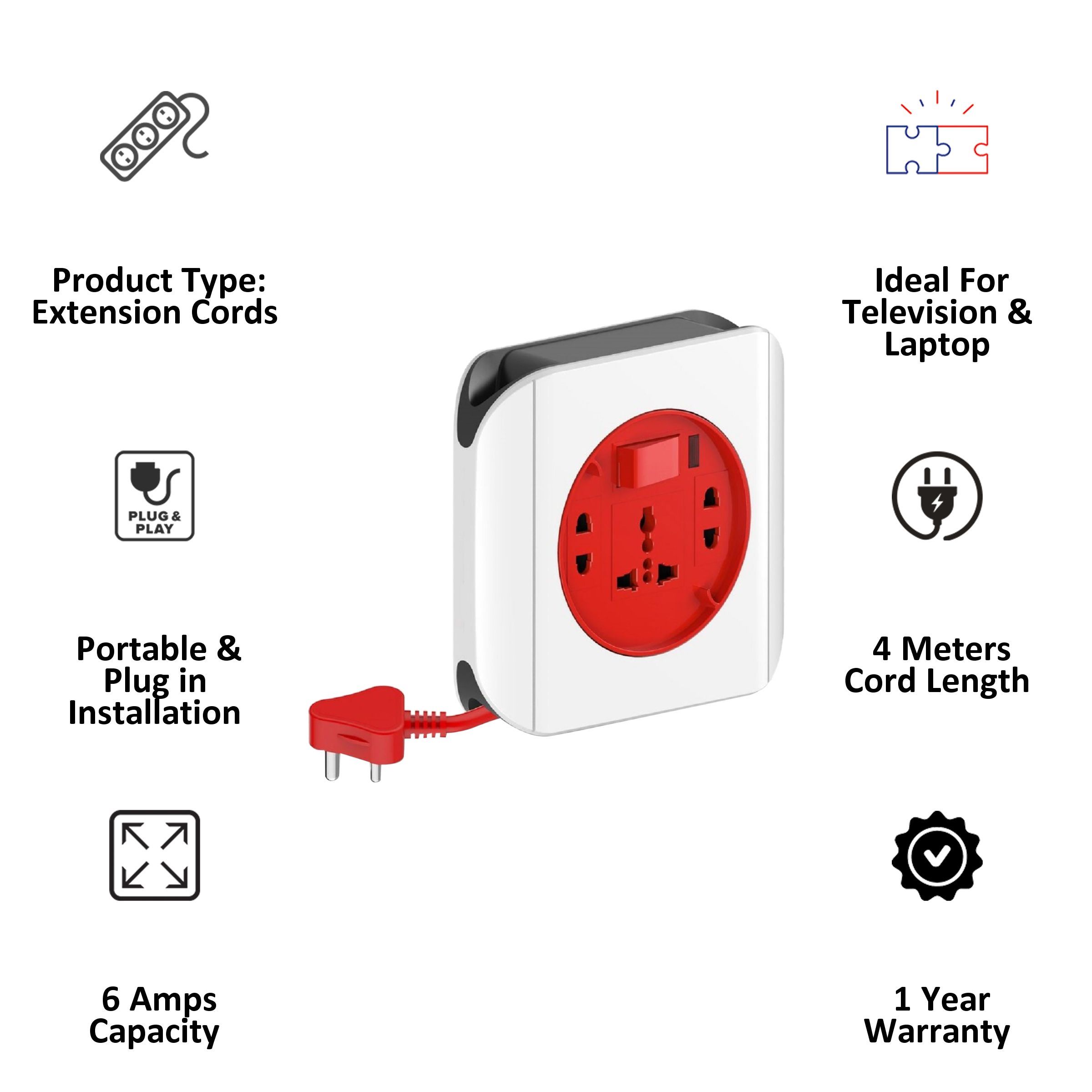 Goldmedal Dazzle 6 Amps 3 Sockets Extension Board (4 Meters, High Grade Fire Retardant Plastic, 205121, White & Red)_3