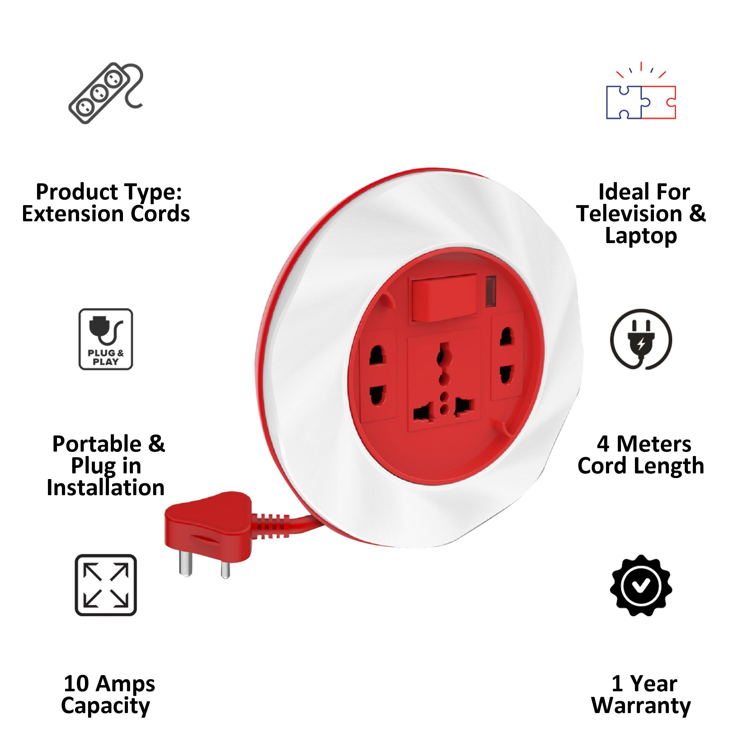 Goldmedal Dazzle 6 Amps 3 Sockets Extension Board (4 Meters, High Grade Fire Retardant Plastic, 205121, White & Red)_3