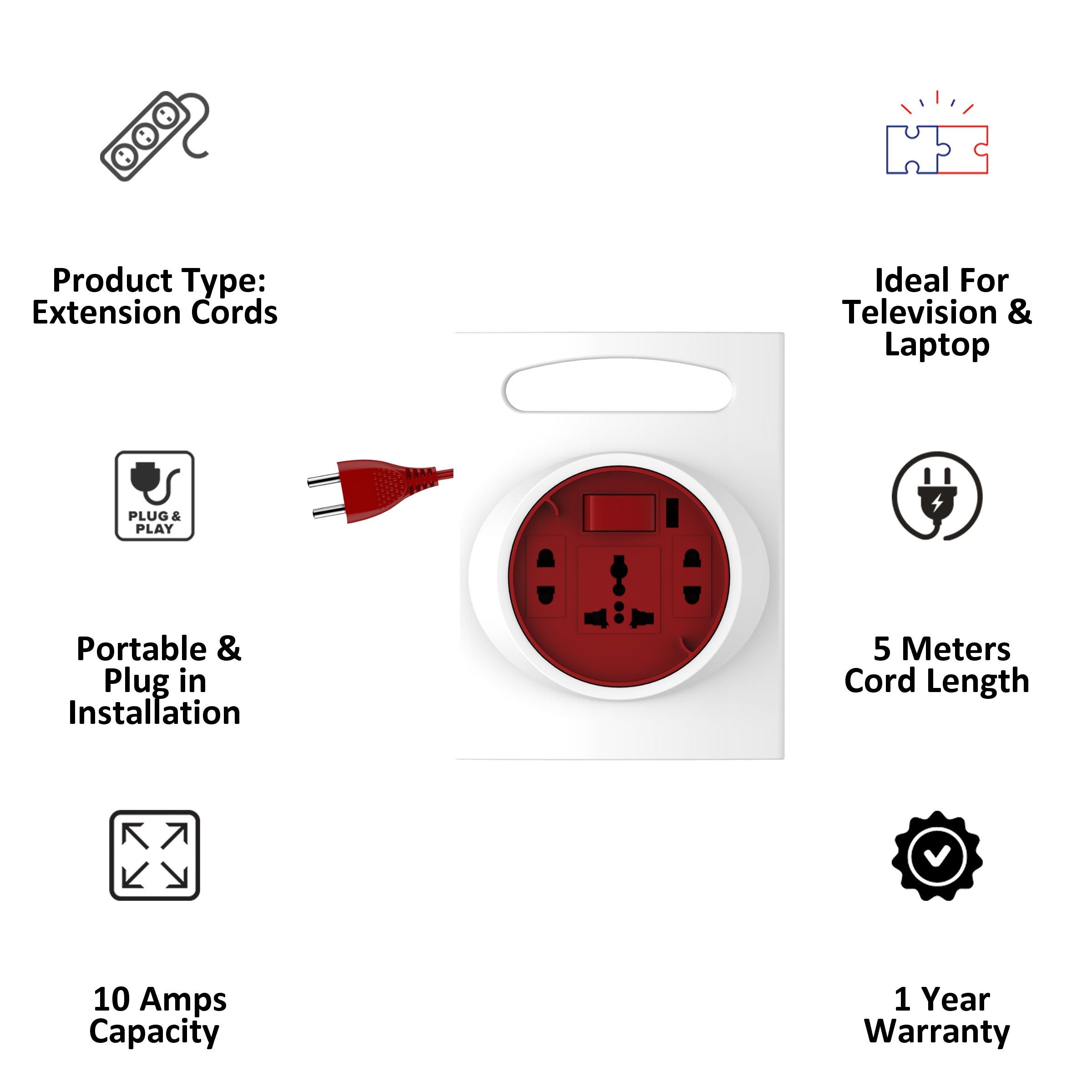 Goldmedal G-Expert 10 Amp 3 Sockets Extension Board  (5 Meters, Indicator & International Socket, 205126, White/Red)_3