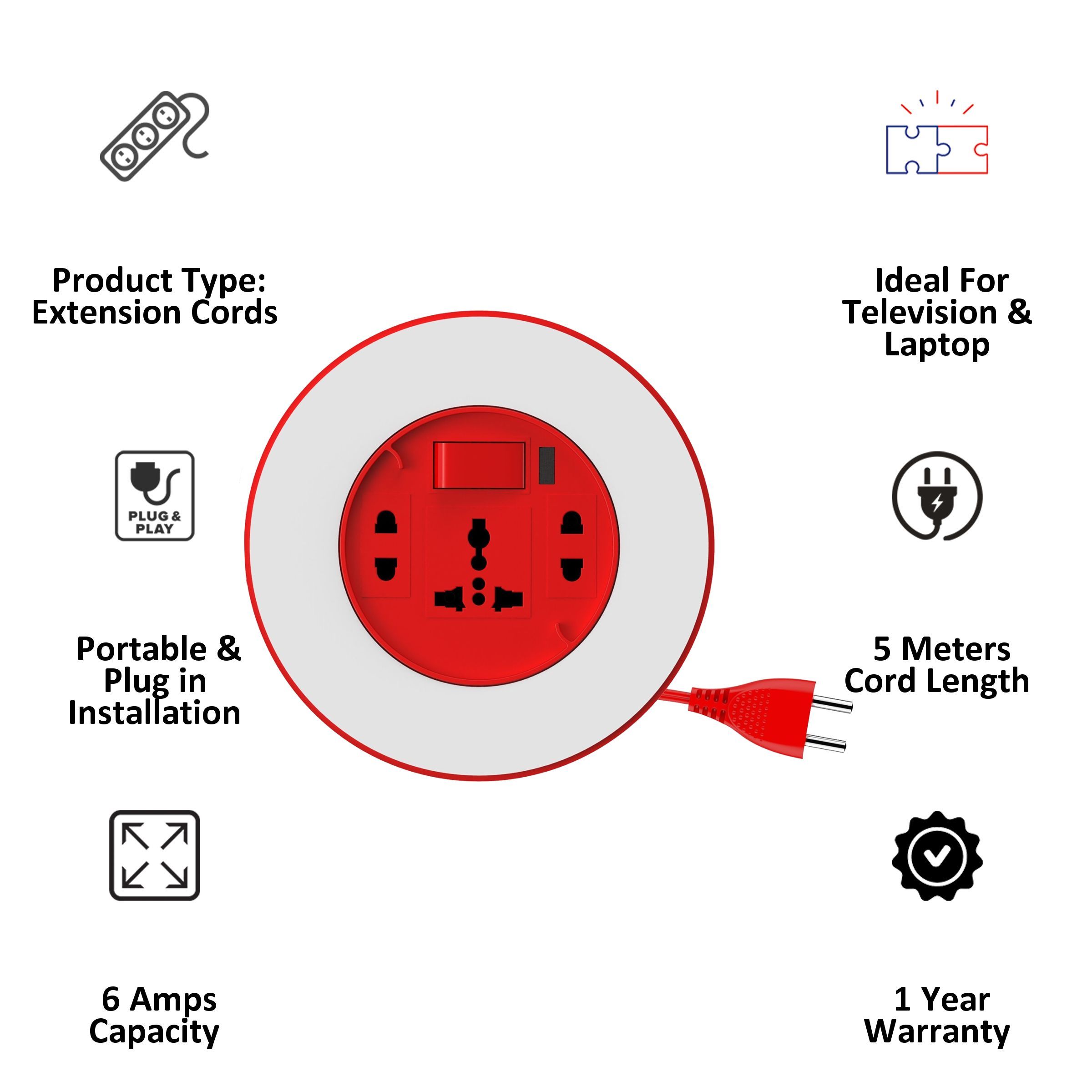Goldmedal Plano 6 Amps 3 Sockets Extension Board (5 Meters, High Grade Fire Retardant Plastic, 205138, White & Red)_2