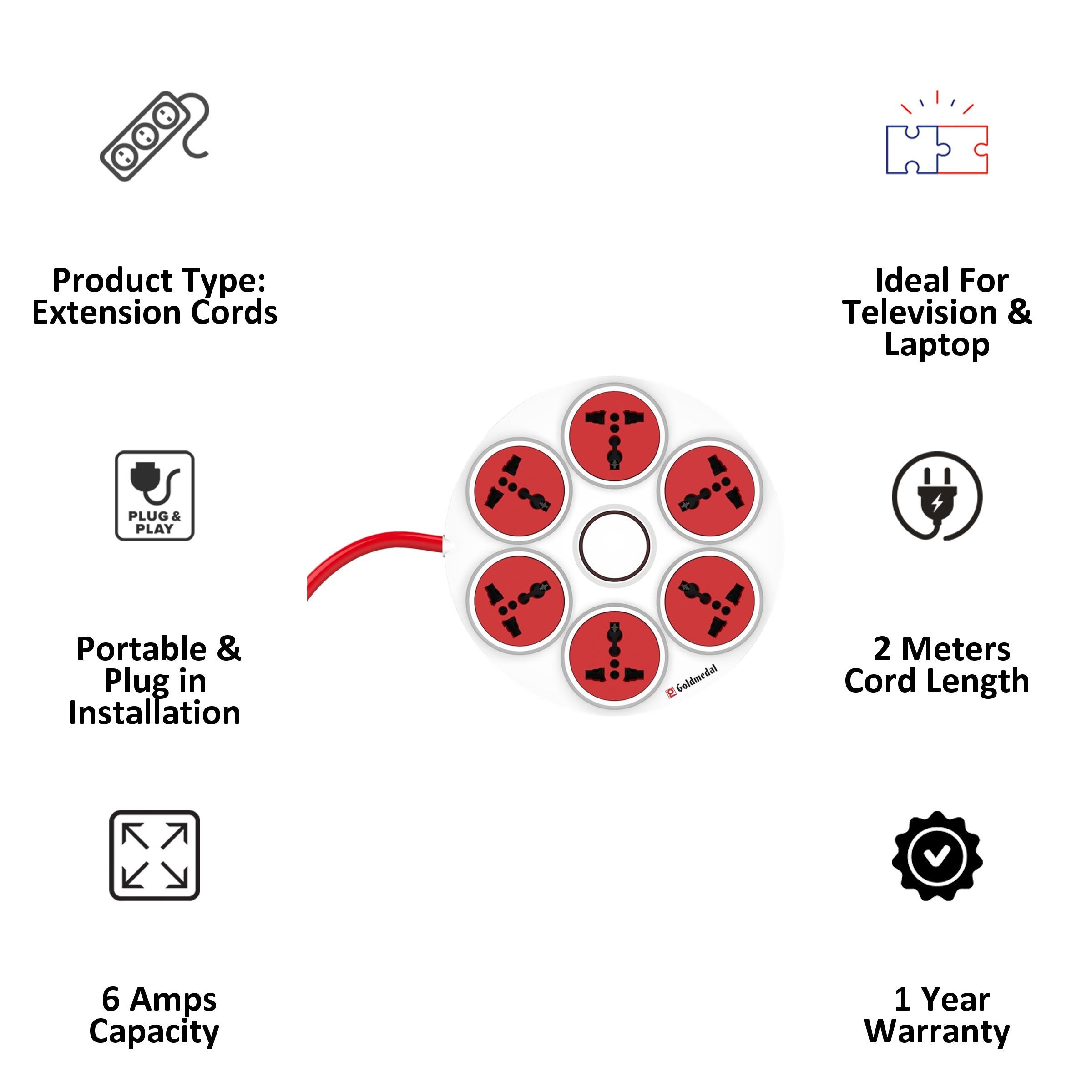 Goldmedal Curve 6 Amp 6 Sockets Extension Board 2 Meters (Master Switch, 205100, White/Red)_4