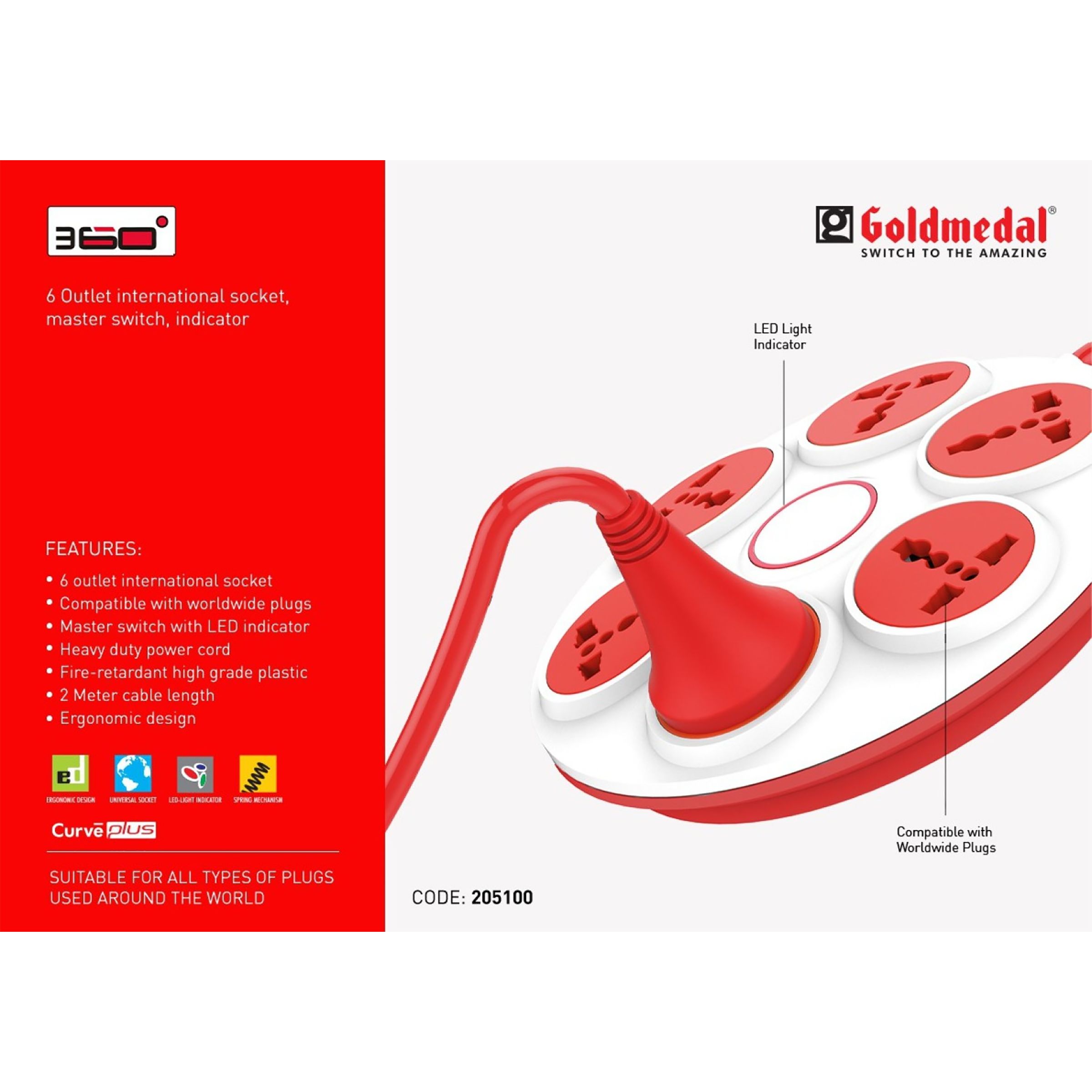Goldmedal Curve 6 Amp 6 Sockets Extension Board 2 Meters (Master Switch, 205100, White/Red)_5