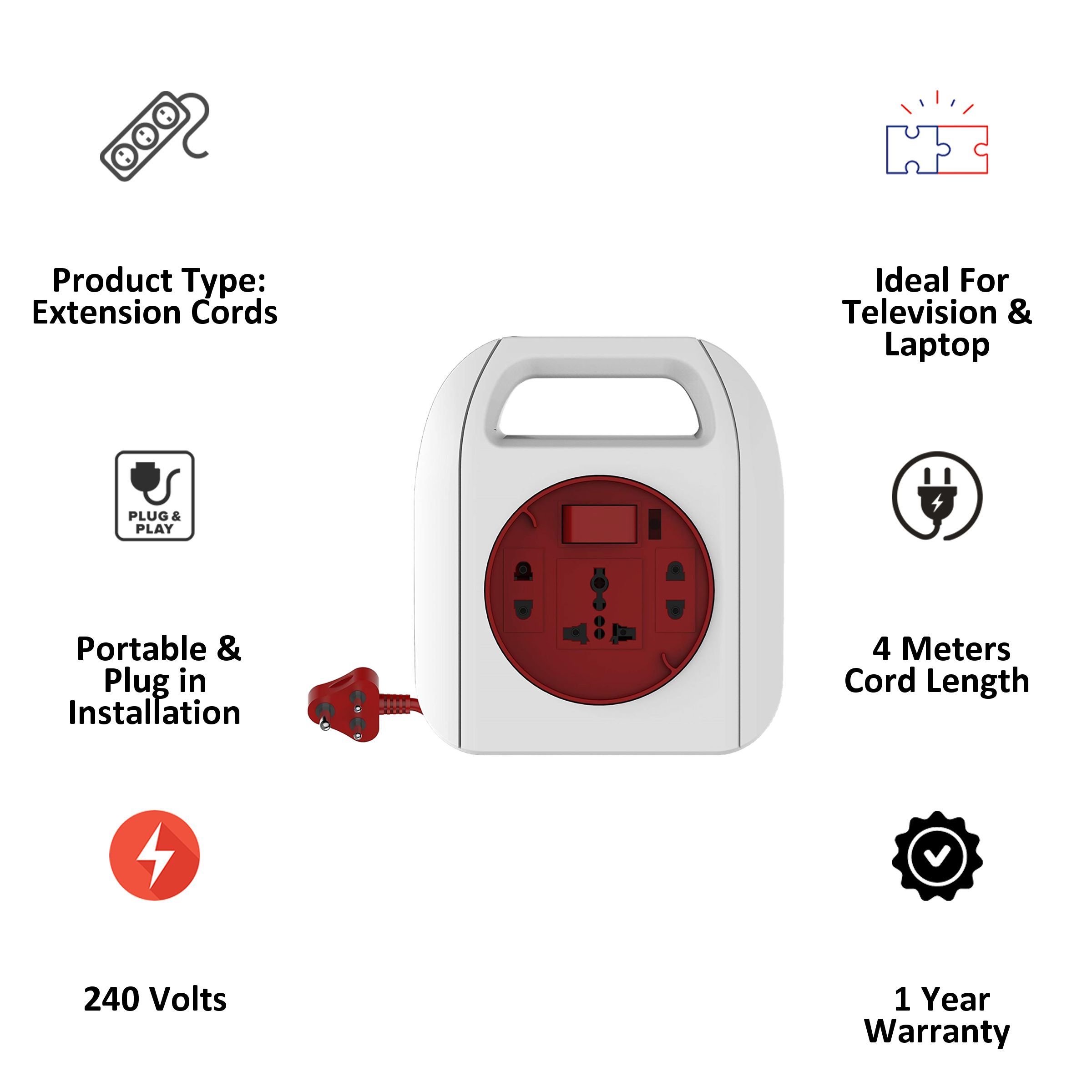 Goldmedal Sliq 3 Sockets Extension Board (4 Meters, Ultra Smooth Rotation, 205117, White/Red) Goldmedal Sliq 3 Sockets Extension Board (4 Meters, Ultra Smooth Rotation, 205117, White/Red)_4
