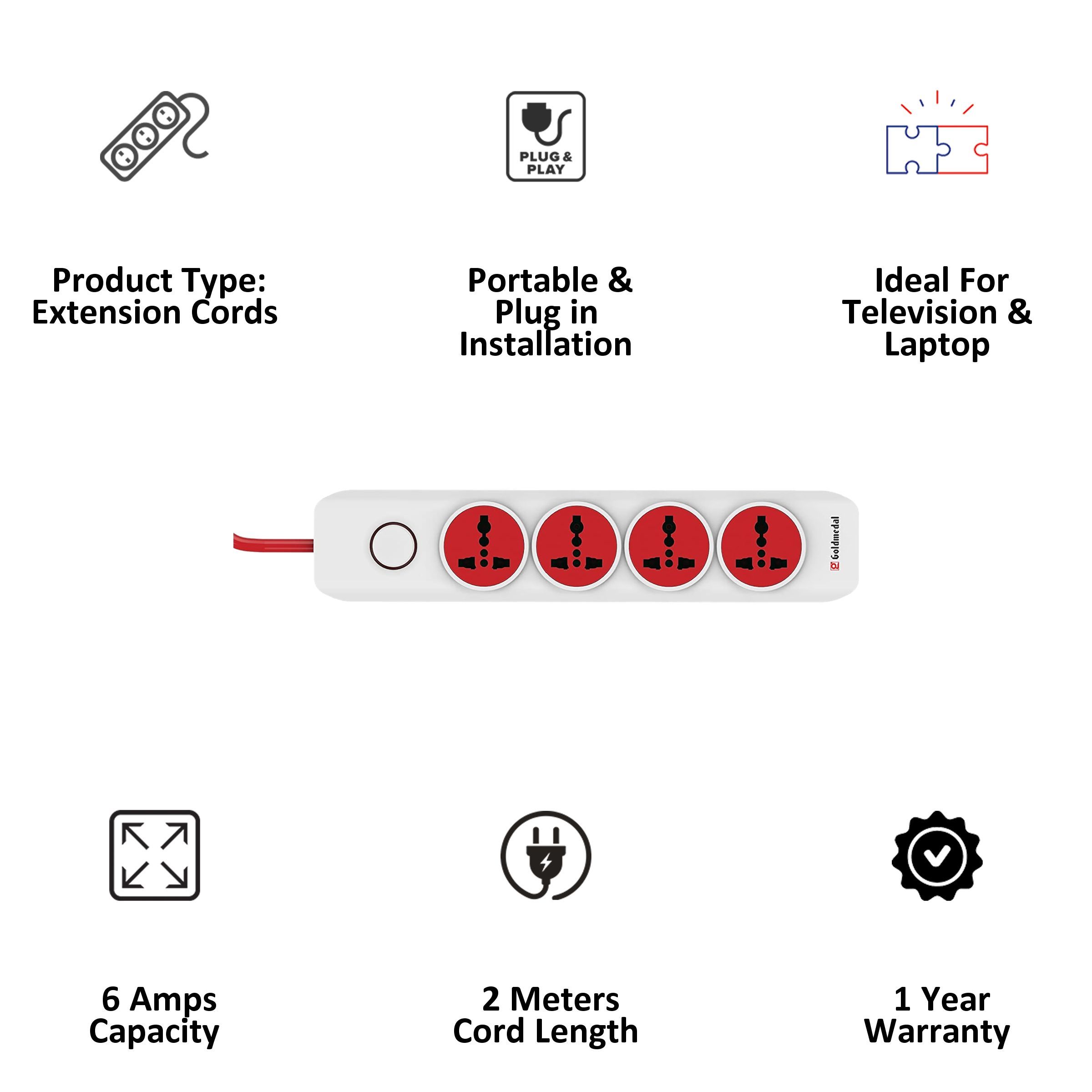 Goldmedal I-Design 6 Amp 4 Sockets Extension Board ( 2 Meters, Special Nylon Velcro Cable, 205102, White/Red)_4